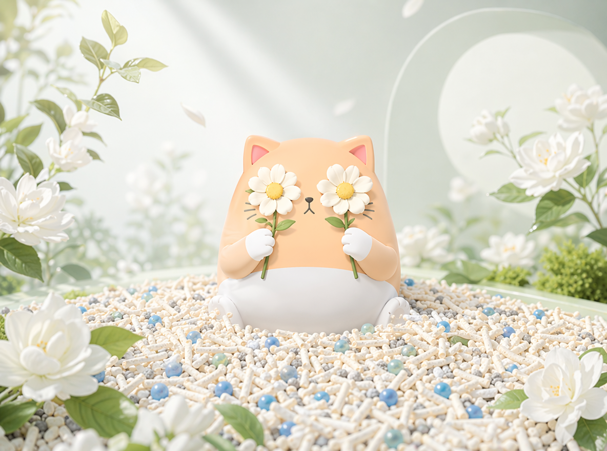 做直播间背景KT板设计,参考图二,猫咪IP蹲在混合猫砂上,混合猫砂由多元颗粒构成:主体是奶白色长条状豆腐砂,颗粒纹理细腻、形态规整,交错堆叠呈现蓬松质感;均匀混有浅灰色细碎膨润土颗粒与亮蓝色圆形除臭珠,不同颗粒大小、质感对比鲜明,并且猫咪IP的动作姿态搞怪拿两朵花挡住眼睛,表情可爱。整体色系为白绿色,奶白色。图一为设计风格参考,只参考风格,不要出现奶茶杯,只需要场景,不需要排版。整个场景增加栀子元素,后景干净。