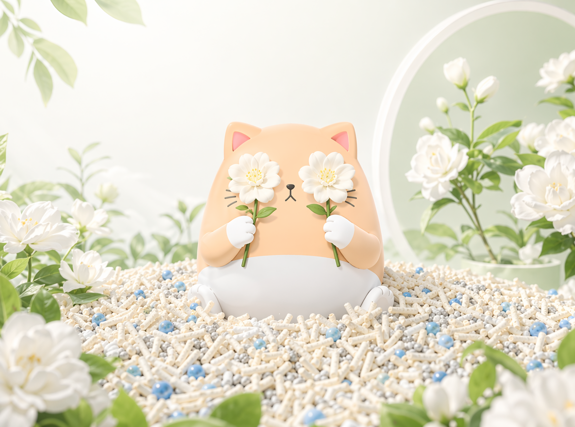 做直播间背景KT板设计,参考图二,猫咪IP蹲在混合猫砂上,混合猫砂由多元颗粒构成:主体是奶白色长条状豆腐砂,颗粒纹理细腻、形态规整,交错堆叠呈现蓬松质感;均匀混有浅灰色细碎膨润土颗粒与亮蓝色圆形除臭珠,不同颗粒大小、质感对比鲜明,并且猫咪IP的动作姿态搞怪拿两朵花挡住眼睛,表情可爱。整体色系为白绿色,奶白色。图一为设计风格参考,只参考风格,不要出现奶茶杯,只需要场景,不需要排版。整个场景增加栀子元素,后景干净。