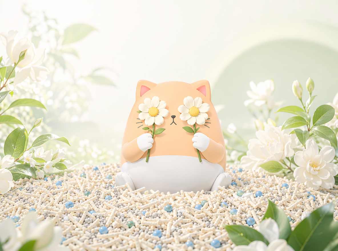 做直播间背景KT板设计,参考图二,猫咪IP蹲在混合猫砂上,混合猫砂由多元颗粒构成:主体是奶白色长条状豆腐砂,颗粒纹理细腻、形态规整,交错堆叠呈现蓬松质感;均匀混有浅灰色细碎膨润土颗粒与亮蓝色圆形除臭珠,不同颗粒大小、质感对比鲜明,并且猫咪IP的动作姿态搞怪拿两朵花挡住眼睛,表情可爱。整体色系为白绿色,奶白色。图一为设计风格参考,只参考风格,不要出现奶茶杯,只需要场景,不需要排版。整个场景增加栀子元素,后景干净。