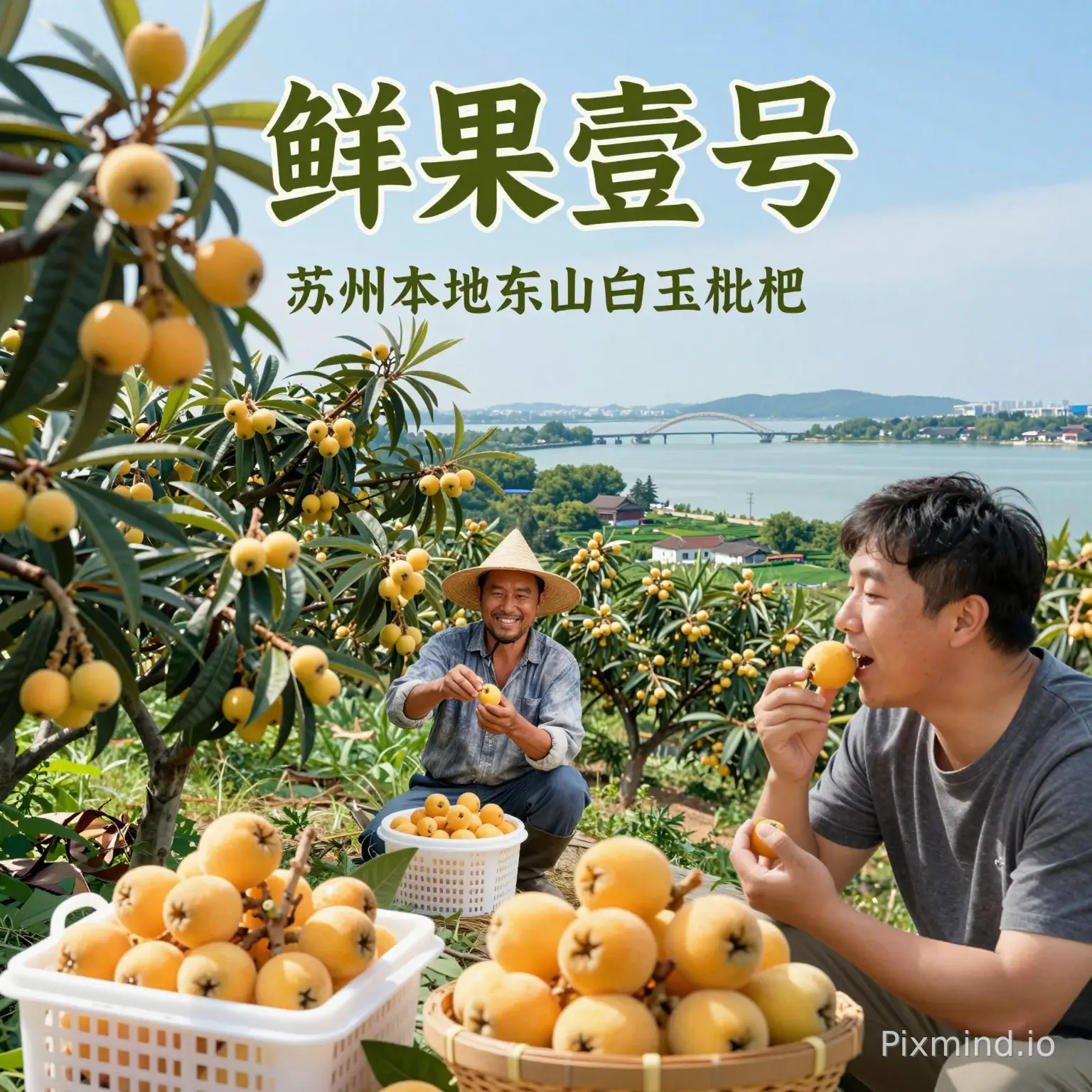 生成一段水果商家“鲜果壹号”推广苏州本地东山白玉枇杷的短视频;展现江南水乡的特色,可以融入太湖大桥 东山紫金庵 广阔的太湖等元素,以及丘陵上枇杷的繁茂景象,农民摘果的喜悦,顾客在家中美滋滋的享受新鲜多汁的场景
