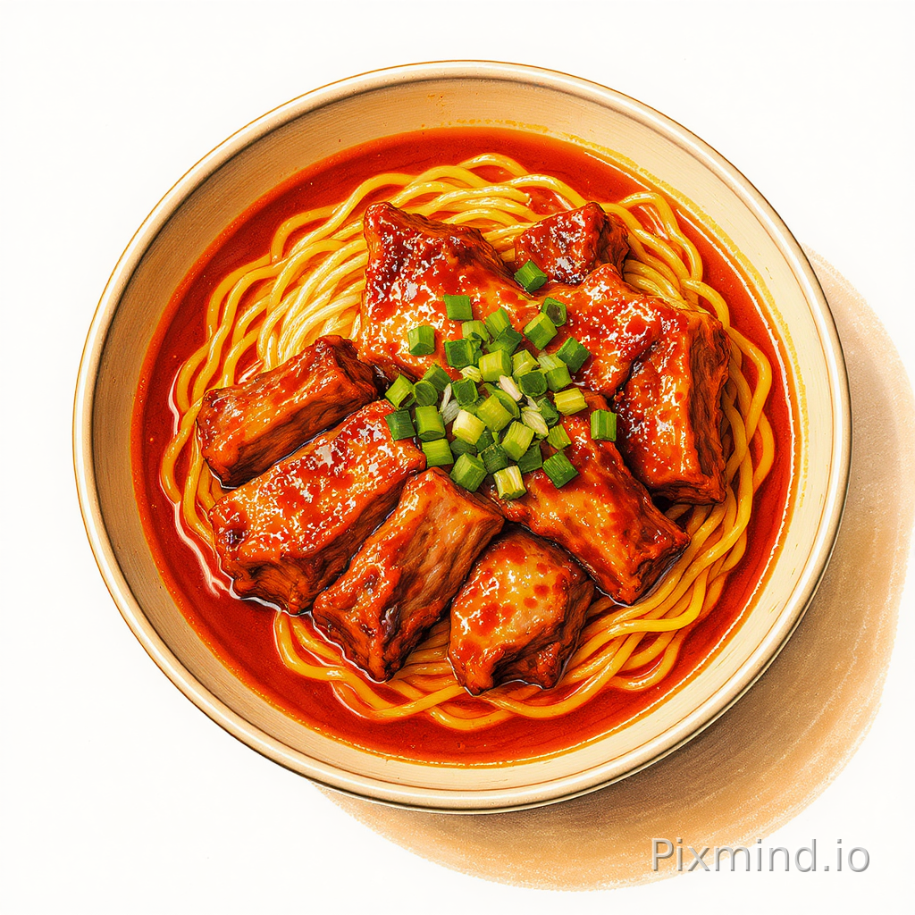 暖色调手绘插画,“俯视”视角下一碗红烧排骨面,白色碗中堆叠几块软烂酱香排骨,筋道面条裹着红亮汤汁,点缀翠绿青菜与金黄葱花。整体油画质感笔触,红棕暖调为主,浅咖色调背景衬托,光影柔和凸显汤汁油润光泽,构图聚焦碗内食材细节,氛围鲜香浓郁食欲满满,插画白色背景,插画,高清