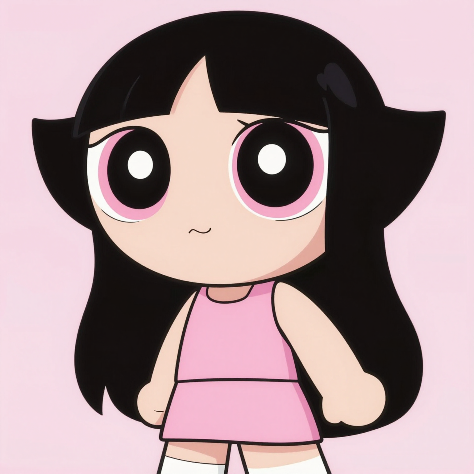 generate an image of a powerpuff girl with long black straight hair with light pink eyes wearing a light pink outfit with a light pink background