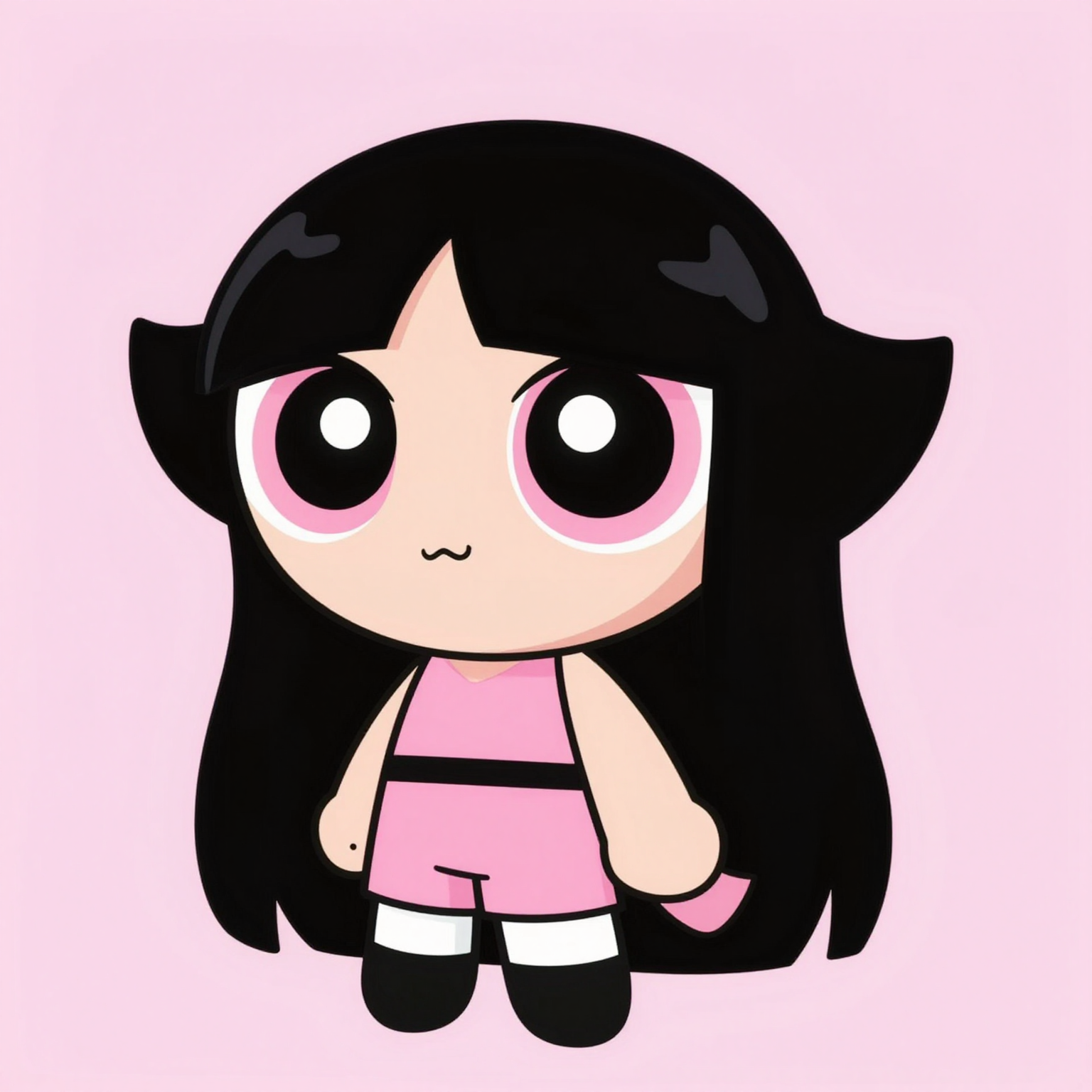 generate an image of a powerpuff girl with long black straight hair with light pink eyes wearing a light pink outfit with a light pink background