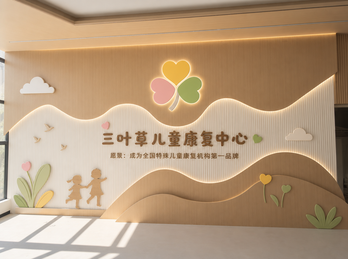 把LOGO放到这面墙上,三叶草儿童康复中心这个是机构名称。愿景:成为全国特殊儿童康复机构第一品牌,愿景放到竖条格栅上。增加一些相关的元素,使整个墙面更有设计感,更温馨。输出一张3D设计效果图。愿景文字要比机构名称小一点。
