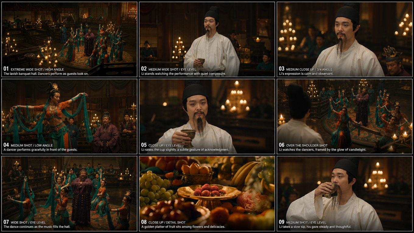Based on the reference image, generate a professional 3x3 grid storyboard that includes 3 shots with different shot types and angles. Ensure consistency in character, facial features, costume, and environment across all shots. Maintain consistent color grading across all storyboard panels. Label the storyboard number in the bottom left corner of each panel. Pay special attention to subtly integrating the person in ancient white clothing (with consistent facial features).