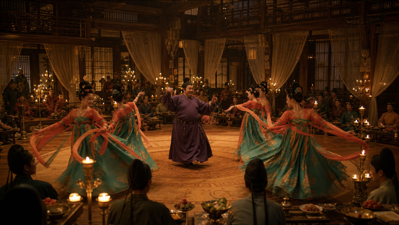 Scene from the movie "Lychees in Chang'an", night banquet in the prosperous Tang Dynasty palace, indoor music and dance scene. A group of Tang Dynasty court ladies in orange-red tops and turquoise ribbon skirts are performing the Whirling Dance on a circular dance floor. In the center, a plump official in a purple robe dances to the music. Candlesticks with flickering warm golden candlelight stand all around, multi-story wooden attic structure. In the background, Tang Dynasty officials and ladies sit in the guest seats watching the banquet. Dark curtains and lattice windows create a dim and private atmosphere. Cinematic wide aspect ratio, panoramic composition, warm yellow main tone, rich light and shadow layers, film texture, 8K ultra HD, rich details, realistic style, strong prosperous Tang Dynasty atmosphere, candlelight lighting in low-light environment, soft shadows, rich retro colors.