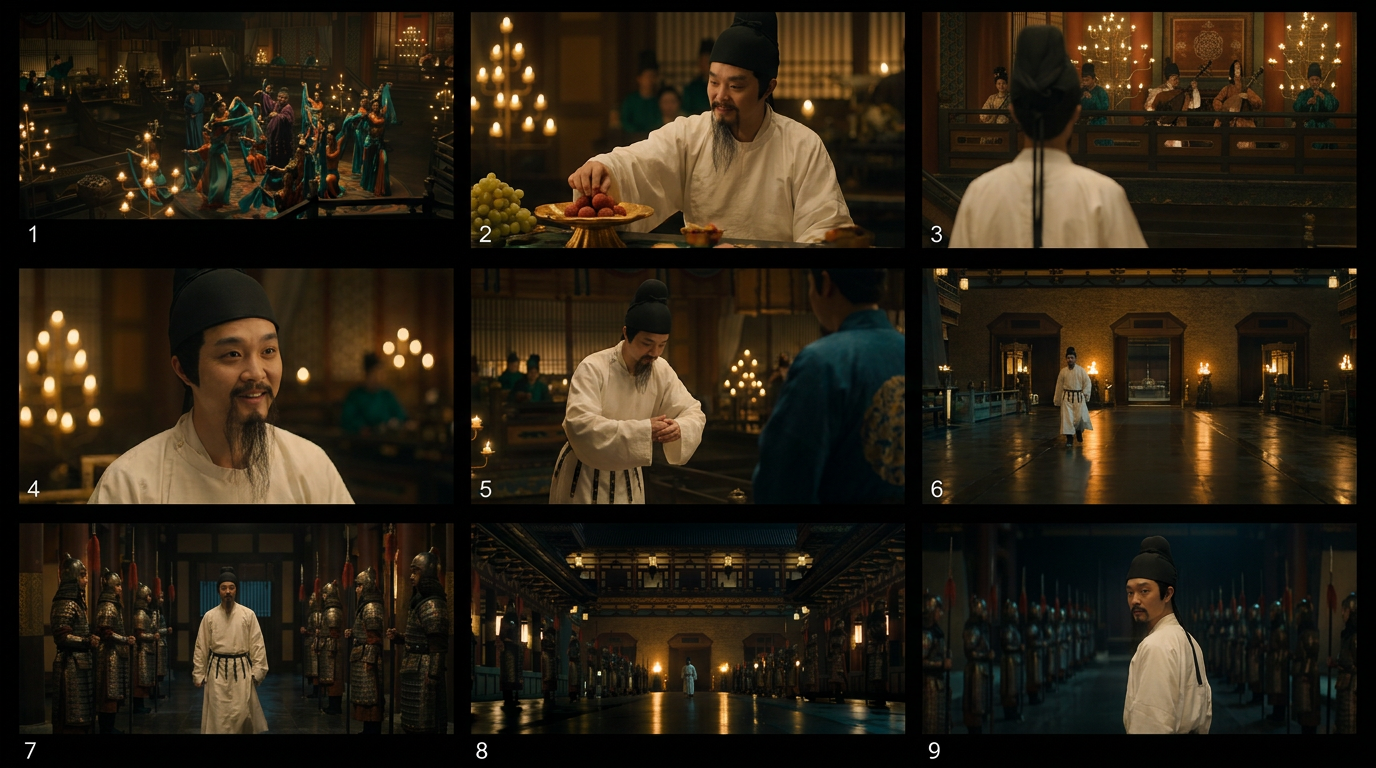 Based on the reference image, generate a professional 3x3 grid storyboard that includes 9 shots with different shot types and angles. Ensure consistency in character, facial features, costume, and environment across all shots. Maintain consistent color grading across all storyboard panels. Label the storyboard number in the bottom left corner of each panel. Pay special attention to subtly integrating the person in ancient white clothing (with consistent facial features) into the 9th image.