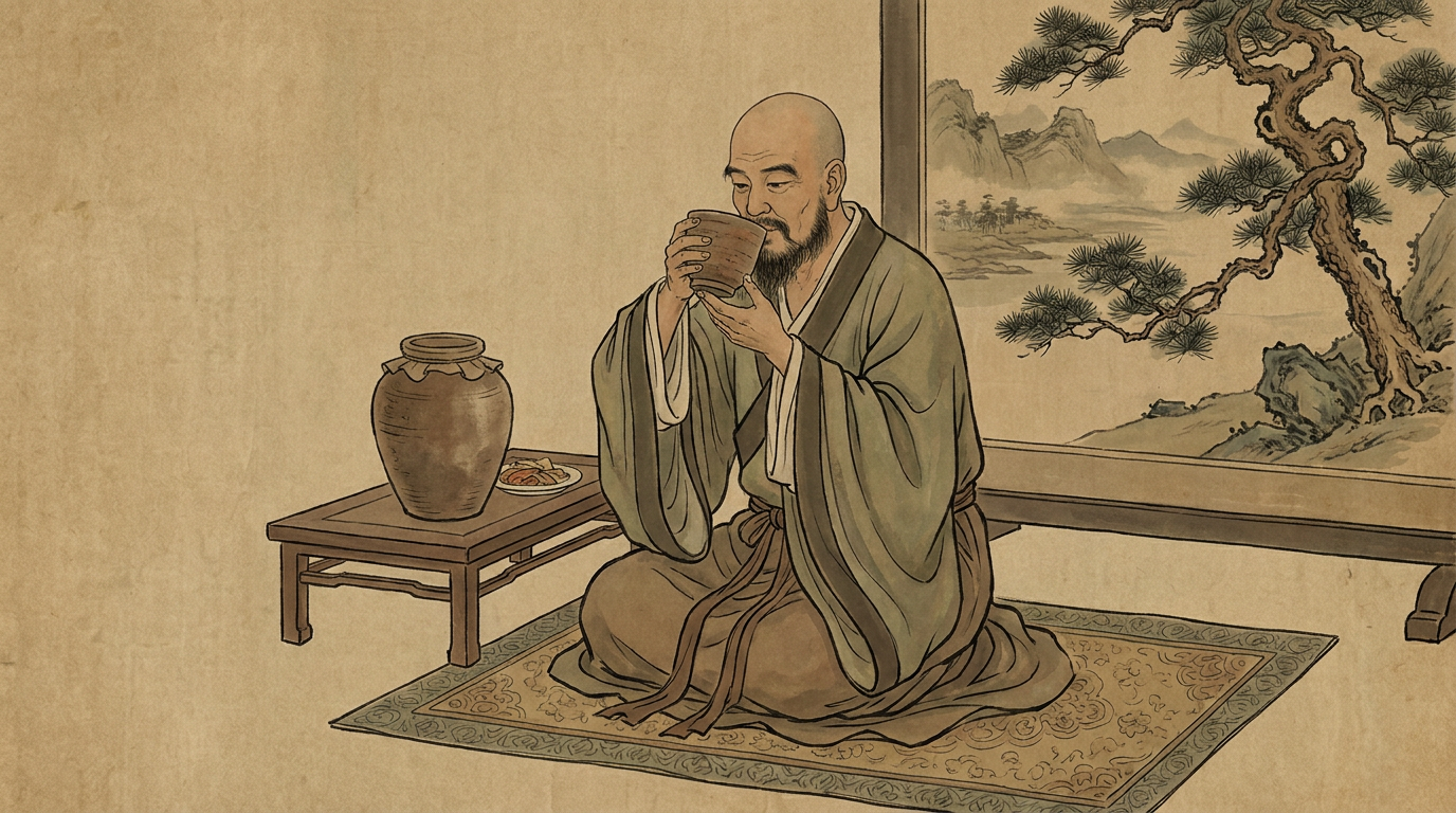 Referring to the style of Figure 2, subtly integrate Figure 1 into it to generate an image of a man drinking wine in the Tang Dynasty, while maintaining the consistency of the man in Figure 1.