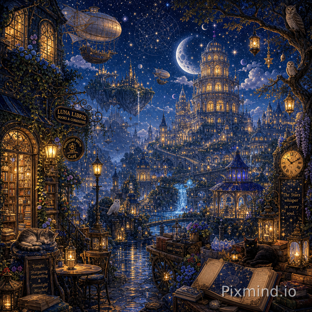 A highly detailed illustration designed for jigsaw puzzle composition, featuring a breathtaking magical midnight fantasy world in a warm Western storybook illustration style. The wide-angle composition showcases a richly layered moonlit environment filled with glowing lanterns, celestial architecture, dreamy storytelling details, and intricate decorative textures designed to create a mysterious yet cozy nighttime atmosphere. A quiet enchanted town stretches beneath a deep star-filled sky with glowing constellations, drifting clouds, crescent moons, and shimmering galaxies illuminating the landscape in soft silver-blue lighting. The foreground features winding cobblestone streets lined with ivy-covered bookstores, warm cafés glowing through rainy windows, sleeping cats resting beside lanterns, flower carts, vintage clocks, and softly lit balconies overflowing with midnight-blue roses and hanging vines. The middle ground contains magical moonlit gardens with glowing fountains, crystal ponds reflecting the stars, fireflies drifting through the air, elegant bridges, hidden gazebos, celestial statues, floating candles, owl-filled trees, and winding stone pathways leading toward an enormous fantasy library tower illuminated by golden window light. In the distance, floating islands, glowing observatories, airships drifting through the night sky, and towering moon temples rise above layers of misty rooftops and silver forests under soft cosmic lighting. Intricate environmental details such as stained glass windows, antique signs, stacked books, lantern reflections, glowing crystals, climbing ivy, hidden animals, star maps, telescopes, decorative rooftops, and celestial ornaments are scattered throughout the scene to maximize visual richness and puzzle readability. The composition uses a balanced layered structure with strong foreground, middle ground, and distant depth to create an immersive cinematic atmosphere, featuring hand-painted storybook textures, ultra-detailed decorative elements, glowing nighttime contrasts, authentic Western fantasy commercial illustration aesthetic, masterpiece composition, 8k resolution, perfect for a collectible high-quality jigsaw puzzle.