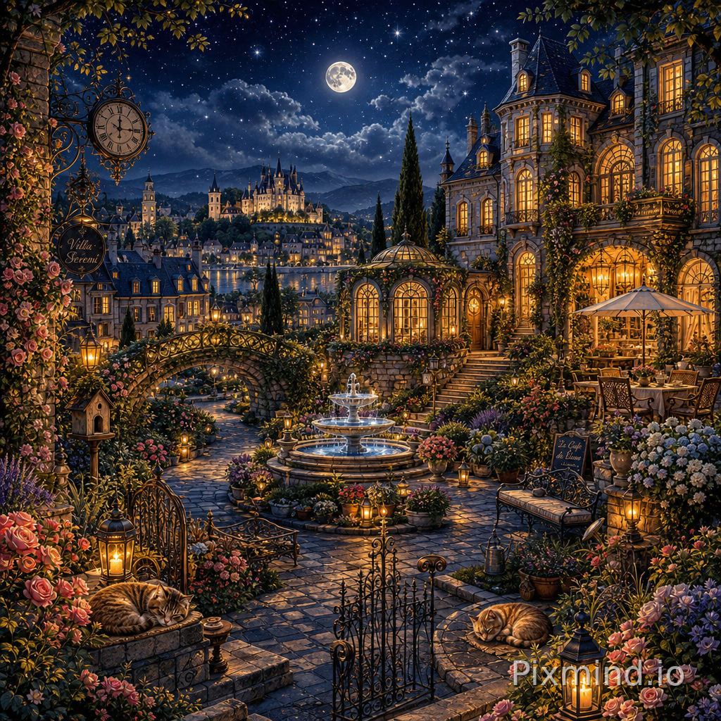 A highly detailed illustration designed for jigsaw puzzle composition, featuring a breathtaking European midnight garden scene in a warm Western storybook illustration style. The wide-angle composition showcases an elegant moonlit estate surrounded by richly layered gardens, classical architecture, glowing lanterns, and intricate decorative details creating a peaceful luxurious nighttime atmosphere. A grand European villa and castle-inspired manor stand at the center of the scene with softly illuminated windows, ivy-covered stone walls, ornate balconies, arched glass conservatories, and warm golden interior lighting glowing beneath a deep navy-blue starry sky. The foreground features elegant cobblestone pathways winding through blooming rose gardens, marble fountains reflecting moonlight, trimmed hedges, wrought iron fences, vintage benches, flower arches, and sleeping cats resting beside lantern-lit stairways. The middle ground contains elegant courtyards filled with glowing street lamps, classical statues, climbing ivy, decorative flower pots, outdoor café tables, crystal chandeliers visible through tall windows, and peaceful garden pavilions surrounded by lavender, white roses, and hydrangeas illuminated by soft silver-blue moonlight. In the distance, layered rooftops, quiet European streets, tall cypress trees, distant castle towers, and misty hills fade gently into the midnight atmosphere beneath glowing stars and drifting clouds. Intricate environmental details such as vintage clocks, stone bridges, garden tools, birdhouses, ivy-covered gates, ornate railings, glowing reflections, layered flower beds, and decorative window frames are scattered throughout the scene to maximize visual richness and puzzle readability. The composition uses a balanced layered structure with strong foreground, middle ground, and distant depth to create an immersive cinematic atmosphere, featuring hand-painted storybook textures, ultra-detailed decorative elements, warm nighttime lighting, authentic Western European commercial illustration aesthetic, masterpiece composition, 8k resolution, perfect for a collectible high-quality jigsaw puzzle.