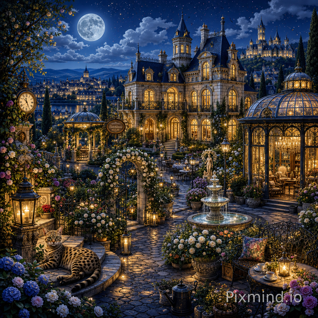 A highly detailed illustration designed for jigsaw puzzle composition, featuring a breathtaking European midnight garden scene in a warm Western storybook illustration style. The wide-angle composition showcases an elegant moonlit estate surrounded by richly layered gardens, classical architecture, glowing lanterns, and intricate decorative details creating a peaceful luxurious nighttime atmosphere. A grand European villa and castle-inspired manor stand at the center of the scene with softly illuminated windows, appropriate ivy stone walls, ornate balconies, arched glass conservatories, and warm golden interior lighting glowing beneath a deep navy-blue starry sky. The foreground features elegant cobblestone pathways winding through blooming rose gardens, marble fountains reflecting moonlight, trimmed hedges, wrought iron fences, vintage benches, flower arches, and a Savannah cat resting beside lantern-lit stairways. The middle ground contains elegant courtyards filled with glowing street lamps, classical statues, decorative flower pots, outdoor café tables, crystal chandeliers visible through tall windows, and peaceful garden pavilions surrounded by lavender, white roses, and hydrangeas illuminated by soft silver-blue moonlight. In the distance, layered rooftops, quiet European streets, tall cypress trees, distant castle towers, and misty hills fade gently into the midnight atmosphere beneath glowing stars and drifting clouds. Intricate environmental details such as vintage clocks, stone bridges, garden tools, birdhouses, ivy-covered gates, ornate railings, glowing reflections, layered flower beds, and decorative window frames are scattered throughout the scene to maximize visual richness and puzzle readability. The composition uses a balanced layered structure with strong foreground, middle ground, and distant depth to create an immersive cinematic atmosphere, featuring hand-painted storybook textures, ultra-detailed decorative elements, warm nighttime lighting, authentic Western European commercial illustration aesthetic, masterpiece composition, 8k resolution, perfect for a collectible high-quality jigsaw puzzle.