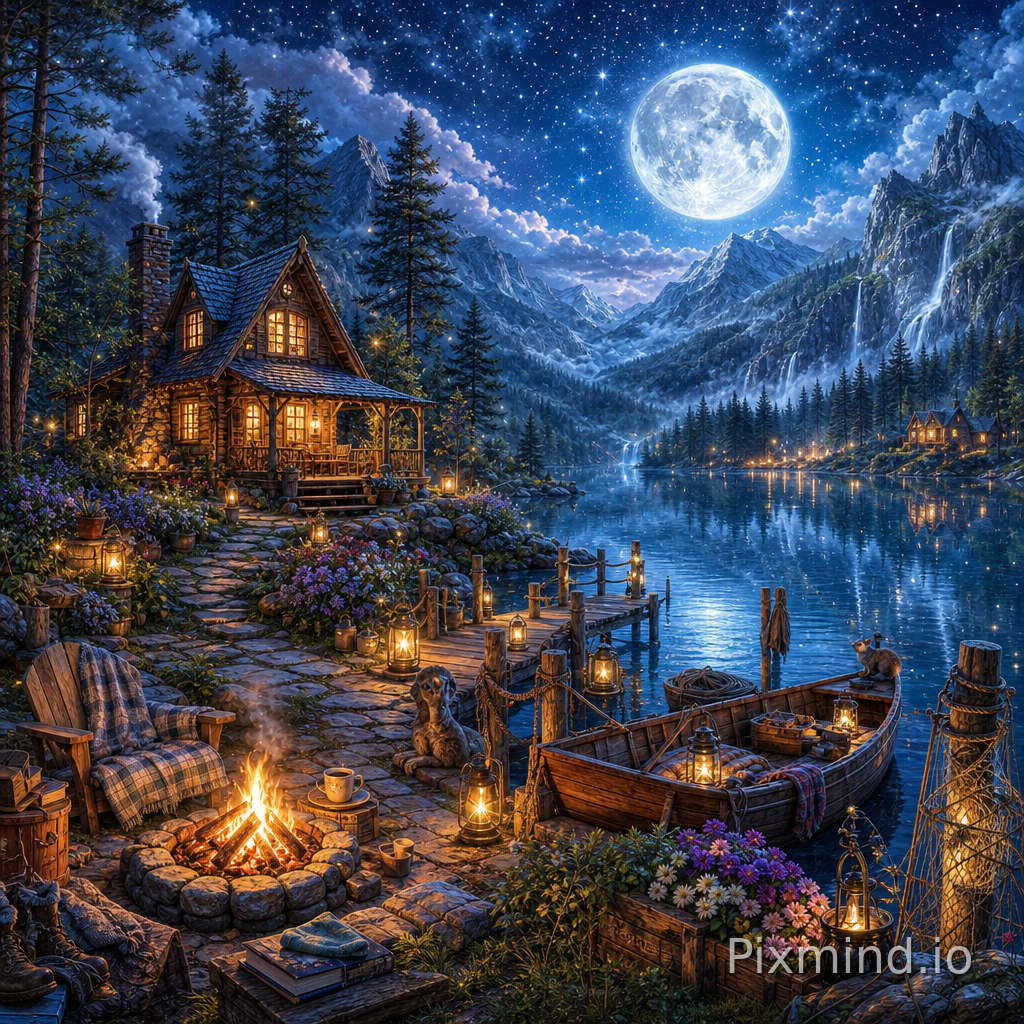 A magical lakeside cabin beneath glowing moonlight in a highly detailed cinematic Western fantasy storybook illustration style, ultra-wide-angle composition, richly layered nighttime wilderness environment designed especially for a premium jigsaw puzzle, every area filled with unique textures, glowing details, and immersive environmental storytelling; scene description: a cozy warmly lit wooden cabin nestled beside a calm reflective mountain lake surrounded by towering dark pine forests and misty mountains beneath an enormous star-filled night sky, with a luminous full moon casting shimmering silver reflections across the peaceful water while softened, brighter moonlight gently lifts the overall scene, creating a clearer and more uplifting nighttime atmosphere rather than heavy darkness, and cool moonlight filters softly through the trees and illuminates the surrounding landscape with a lighter, airier glow; weathered wooden docks extend gently into the lake beside small rowboats decorated with hanging lanterns, ropes, fishing gear, stacked firewood, flower pots, and rustic cabin accessories scattered naturally throughout the environment; winding stone pathways lead through glowing wildflower patches, moss-covered rocks, and softly lit campfires emitting warm orange light that contrasts beautifully against the more luminous and airy blue night atmosphere; fireflies drift through the crisp nighttime air, glowing stars,drifting mist, and layered cloud formations create a dreamy and emotionally soothing fantasy ambiance reflected vividly across the lake surface; additional hidden details such as steaming mugs near the campfire, hanging wind chimes, scattered books, cozy blankets, tiny woodland animals, lantern-lit windows, carved wooden signs, vintage camping gear, and softly glowing cabin interiors create rich visual discovery throughout the composition for satisfying puzzle assembly; atmosphere is peaceful, magical, nostalgic, and deeply immersive, combining cozy wilderness aesthetics with cinematic moonlit fantasy lighting and intricate natural textures; color palette centered around brighter deep blues, soft indigo, luminous silver, fresh teal, light violet, pine green, and airy moonlit cyan tones enhanced by warm lantern glows and subtle atmospheric reflections, with overall brightness gently increased to avoid heavy or oppressive mood; ultra-detailed hand-painted illustration, highly intricate composition, no empty spaces, authentic fantasy wilderness aesthetic, collectible puzzle artwork, masterpiece, 8k resolution, no text, no watermark, no AI artifacts, no repetitive patterns