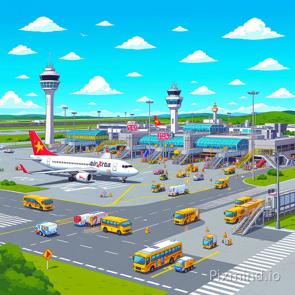 A highly detailed cartoon-style illustration designed for a premium children’s floor puzzle composition, featuring an educational airport scene in a colorful animated storybook style. Large airplanes stand beside airport terminals while baggage trucks, fuel trucks, airport buses, luggage carts, and stair vehicles move across wide runways beneath bright blue skies. A control tower rises above the airport surrounded by road markings, runway lights, and airport signs. The composition uses large transportation vehicles, simple airport layouts, and clean cartoon designs to help children understand airport operations in a fun visual way, no AI artifacts, a perfect choice for children’s puzzles.