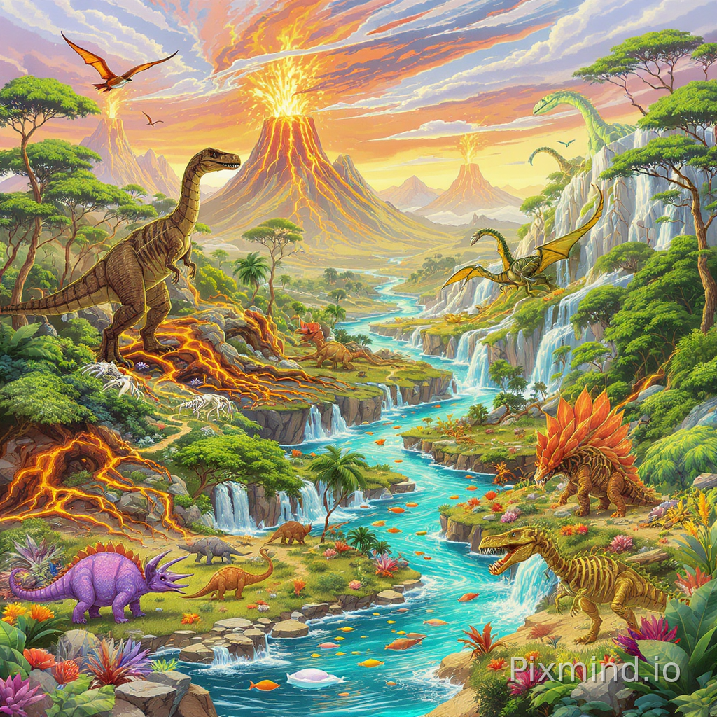highly detailed illustration designed for a premium children’s floor puzzle composition, featuring a breathtaking prehistoric dinosaur exploration world in a colorful Western storybook illustration style, ultra-wide-angle composition with richly layered environments and educational discovery elements designed especially for ages 4–8; the scene is divided naturally into multiple prehistoric habitats including volcanic mountains, lush jungles, swamp wetlands, icy glacier regions, rocky deserts, tropical coastlines, and underwater prehistoric oceans, each area populated with different dinosaur species interacting dynamically within their environments; gigantic Tyrannosaurus rex roaring near lava fields, gentle Brachiosaurus eating tall trees, Triceratops walking through grassy plains, Velociraptors hunting near rocky cliffs, Stegosaurus beside waterfalls, Pterosaurs flying through glowing skies, marine reptiles swimming beneath crystal-clear water, fossil excavation zones, dinosaur skeleton displays, ancient plants, erupting volcanoes, glowing lava rivers, misty forests, winding rivers, layered terrain, hidden educational labels, vibrant natural textures, cozy adventure atmosphere, highly readable composition, bright child-friendly colors, immersive museum-style educational storytelling, every section filled with discovery details while maintaining clean visual organization, premium children’s educational puzzle artwork, highly detailed but easy-to-read puzzle structure, no humans, no text, no watermark