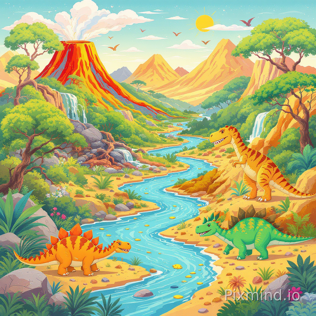 A colorful and highly readable illustration designed for a children’s floor puzzle composition, featuring a fun dinosaur exploration world in a warm Western storybook illustration style, simple ultra-wide-angle layout with clear visual zones and easy-to-recognize dinosaur characters designed especially for children ages 3–6; the scene contains several simple prehistoric environments including a volcano area, jungle area, river area, and desert area, each featuring a few large friendly dinosaurs such as Tyrannosaurus rex, Triceratops, Stegosaurus, and Brachiosaurus interacting playfully within the landscape; bright green trees, gentle waterfalls, simple mountains, dinosaur footprints, fossils, rocks, and large plants scattered naturally throughout the scene, balanced composition with large recognizable shapes, clean spacing between objects, soft colorful lighting, educational and adventurous atmosphere, highly readable puzzle structure, rich enough to stay interesting while avoiding visual clutter, premium children’s educational puzzle artwork, no text, no watermark