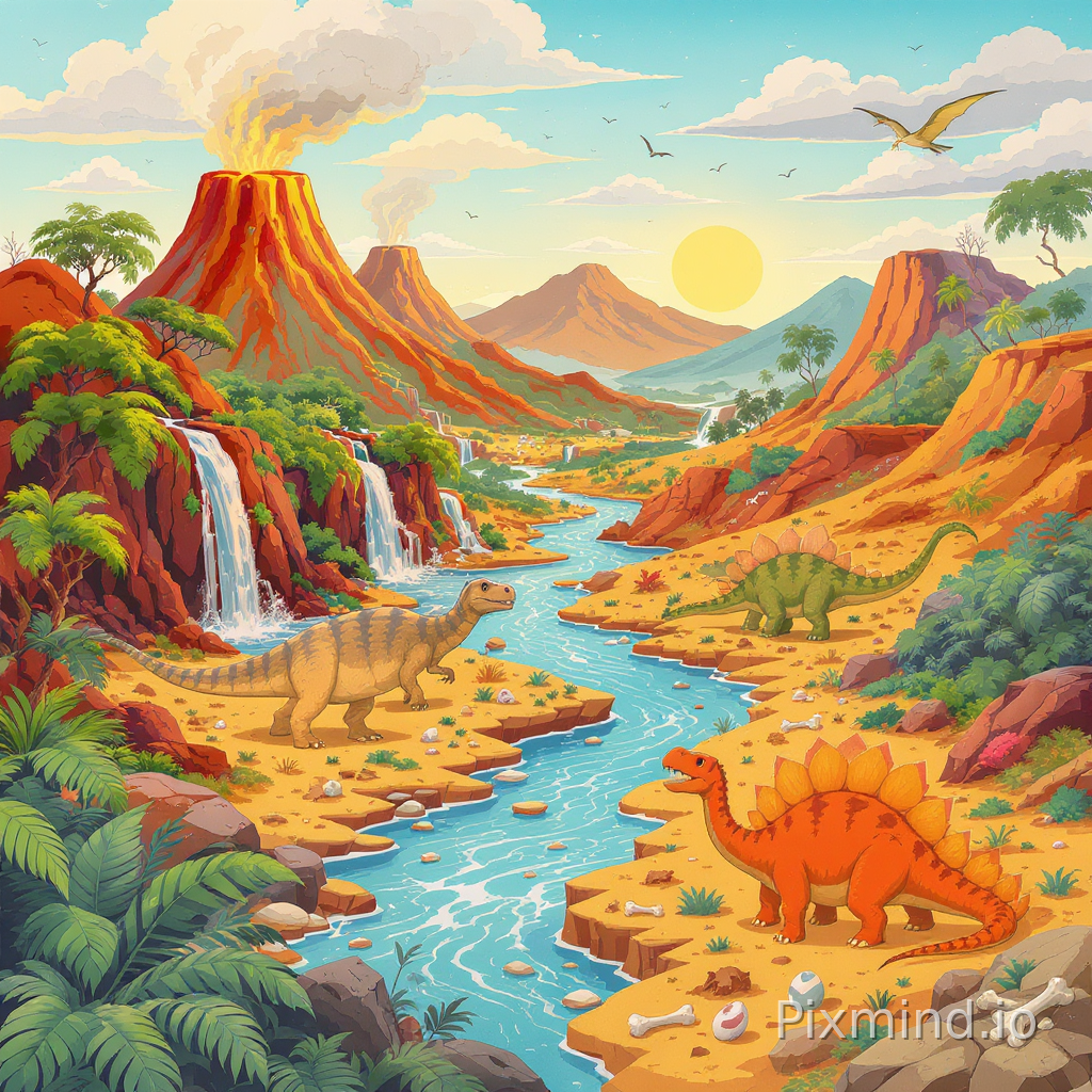 A colorful and highly readable illustration designed for a premium children’s floor puzzle composition, featuring an educational dinosaur exploration world in a warm Western storybook illustration style, simple ultra-wide-angle layout with clean visual organization designed especially for children ages 4–7; the scene is divided into several easy-to-understand prehistoric habitats including volcano land, jungle forest, river valley, and rocky desert, each area containing a few clearly separated dinosaur species for educational discovery; large friendly Tyrannosaurus rex, Triceratops, Stegosaurus, Brachiosaurus, Ankylosaurus, Parasaurolophus, Velociraptor, and Pteranodon appear naturally throughout the landscape, each dinosaur designed with recognizable body shapes and different colors to support learning and identification; simple volcanoes, waterfalls, rivers, giant ferns, fossil bones, dinosaur eggs, footprints, and rocky cliffs add educational atmosphere without visual clutter, balanced spacing between elements, bold readable composition, bright child-friendly colors, museum-inspired discovery feeling, detailed enough for exploration while remaining easy for children to visually process, premium educational floor puzzle artwork, no text, no watermark