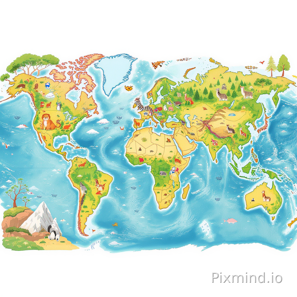 A colorful and easy-to-understand illustration designed for a premium children’s floor puzzle composition, featuring a playful world animal adventure map in a cozy Western storybook illustration style, clean wide-angle composition with visually separated continent regions designed especially for children ages 4–7; each continent contains several iconic animals placed naturally within simplified habitats, including lions, elephants, giraffes, and zebras in Africa, pandas and tigers in Asia, kangaroos and koalas in Australia, polar bears and penguins in icy Arctic regions, whales and dolphins in the oceans, and llamas near South American mountains; simple forests, rivers, deserts, snowy icebergs, beaches, and mountains help distinguish the regions while avoiding unnecessary clutter, large recognizable animal designs, balanced educational composition, bright but soft colors, exploration-style storytelling, enough animal variety to encourage learning and recognition while maintaining clear puzzle readability, premium educational floor puzzle artwork, no text, no watermark