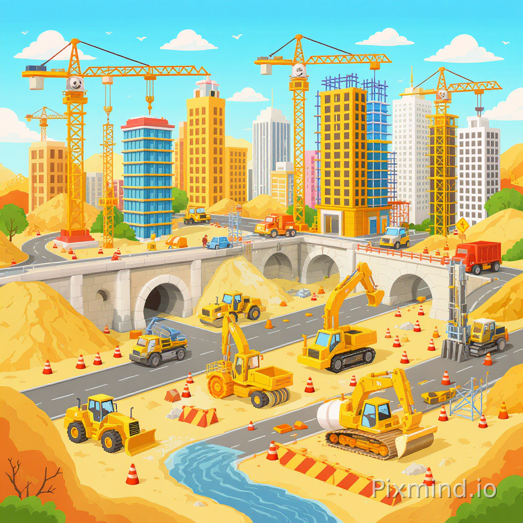 A bright and playful illustration designed for a premium children’s floor puzzle composition, featuring a busy construction mega city in a colorful Western storybook illustration style, clean ultra-wide-angle composition with clearly separated engineering activity zones designed especially for children ages 4–7; the city includes several large construction vehicles such as excavators, bulldozers, cranes, dump trucks, cement trucks, road rollers, forklifts, and drilling machines working naturally in different construction areas including roads, bridges, tunnels, and buildings under development; each vehicle is large, easy to recognize, and visually separated to help children identify different machine types, while simple construction details such as sand piles, traffic cones, steel beams, scaffolding, and warning signs add educational realism without overcrowding the composition; bright sunlight, bold shapes, clear visual hierarchy, playful STEM-inspired atmosphere, engaging but highly readable puzzle structure, premium educational engineering puzzle artwork, no text, no watermark