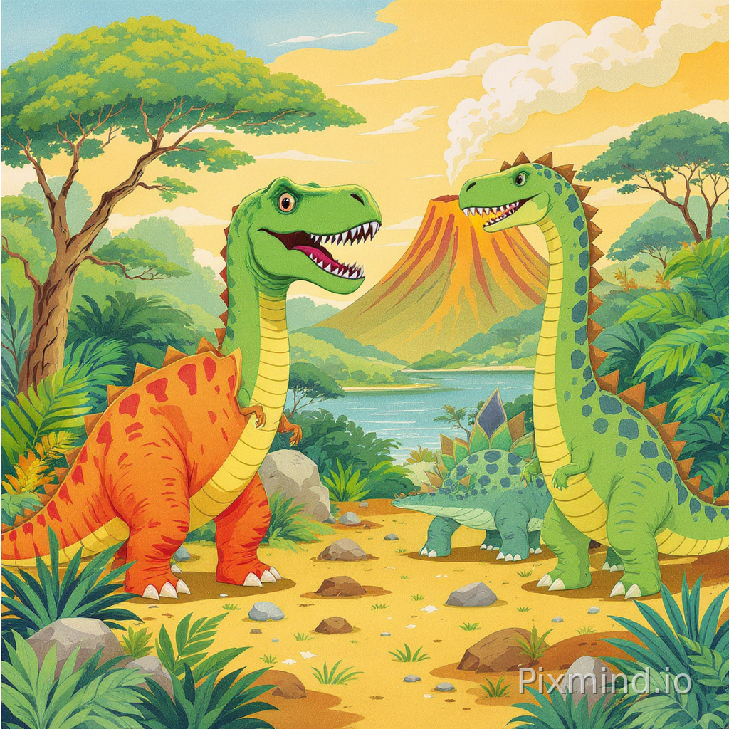 A colorful and child-friendly illustration designed for a premium children’s floor puzzle composition, featuring a simple dinosaur exploration scene in a warm Western storybook illustration style, close-up composition with large foreground dinosaurs and minimal background layers designed especially for children ages 4–7; the scene includes several clearly recognizable dinosaurs such as Tyrannosaurus rex, Triceratops, Stegosaurus, Brachiosaurus, and Pteranodon standing together near a simple jungle and volcano environment, each dinosaur designed with bold shapes, distinct colors, and friendly expressions for educational learning and easy recognition; a few large trees, rocks, dinosaur eggs, fossils, and simple volcano smoke create a playful prehistoric atmosphere without clutter, clean spacing, soft lighting, bright child-friendly colors, visually organized composition with low puzzle difficulty while remaining engaging and educational, premium children’s floor puzzle artwork, no text, no watermark