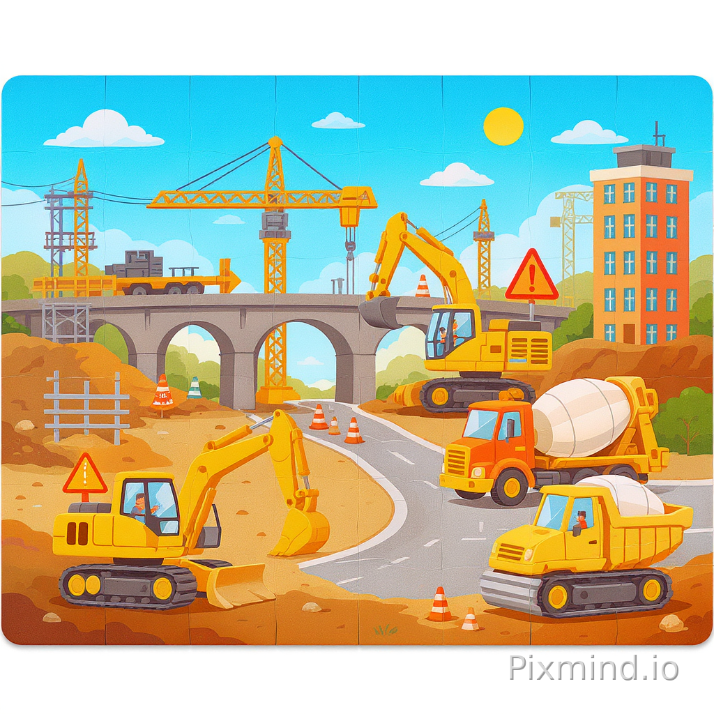 A bright and playful illustration designed for a premium children’s floor puzzle composition, featuring a simple construction city in a colorful Western storybook illustration style, composition with large foreground construction vehicles and minimal background clutter specially designed for children ages 4–7; the scene includes several clearly separated engineering zones such as a small road construction area, a bridge building area, and a simple building site, each containing only one or two large easy-to-recognize vehicles; featured vehicles include an excavator, bulldozer, crane truck, dump truck, cement mixer truck, and road roller, all designed with bold cartoon shapes, friendly proportions, and clear silhouettes to help children easily identify different machine types; simple educational construction details such as sand piles, traffic cones, steel beams, warning signs, wooden planks, and small scaffolding pieces add realism without overcrowding the scene; close-up composition, fewer overlapping elements, wide open spaces between vehicles, bright sunlight, cheerful atmosphere, strong visual hierarchy, clean readable puzzle layout, STEM-inspired educational artwork, premium children’s floor puzzle illustration, no text, no watermark