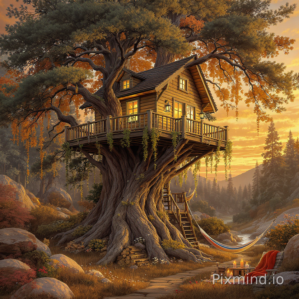 A highly detailed illustration designed for a premium adult jigsaw puzzle composition, featuring a warm and cozy woodland treehouse retreat in a rich Western storybook illustration style, balanced medium-distance composition with clear readable structure and relaxing visual flow specially designed for an enjoyable puzzle-solving experience; the central focus is a charming wooden treehouse built around several large old forest trees, the architecture simple and believable rather than overly complicated, featuring warm glowing windows, a small wooden balcony, soft lantern lighting, gentle hanging vines, and a short staircase leading upward through the trees; surrounding environment includes a peaceful forest clearing with pine trees, mossy rocks, wildflowers, soft grass, tiny woodland details, a quiet stream nearby, stacked firewood, a hammock, and a small outdoor sitting area with warm blankets and candles; golden sunset light filters softly through the forest canopy, creating a comforting and magical atmosphere without dark or oppressive tones; composition filled with rich but organized puzzle-friendly textures including wood grain, leaves, stone paths, warm lights, and cozy cabin details while avoiding excessive clutter or overly complicated architecture; cinematic lighting, immersive environmental storytelling, highly detailed but visually readable, warm earthy color palette with gentle golden highlights, relaxing fantasy woodland mood, masterpiece quality, ultra-detailed, premium puzzle artwork, highly cohesive composition.