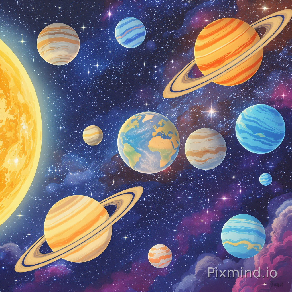 A colorful and highly readable illustration designed for a premium children’s floor puzzle composition, featuring an educational solar system discovery scene in a warm Western storybook illustration style, medium-distance cosmic composition focused mainly on recognizable planets and space science learning designed especially for children ages 4–7; the scene includes large clearly separated planets such as Mercury, Venus, Earth, Mars, Jupiter, Saturn, Uranus, and Neptune arranged naturally throughout outer space, each planet designed with unique colors, rings, surface textures, and recognizable visual characteristics for educational identification and early STEM learning; glowing stars, soft nebula clouds, and gentle cosmic lighting create a magical but organized outer space atmosphere, balanced spacing, clean visual hierarchy, moderate puzzle difficulty suitable for children, premium educational solar system floor puzzle artwork, no astronauts, no text, no watermark