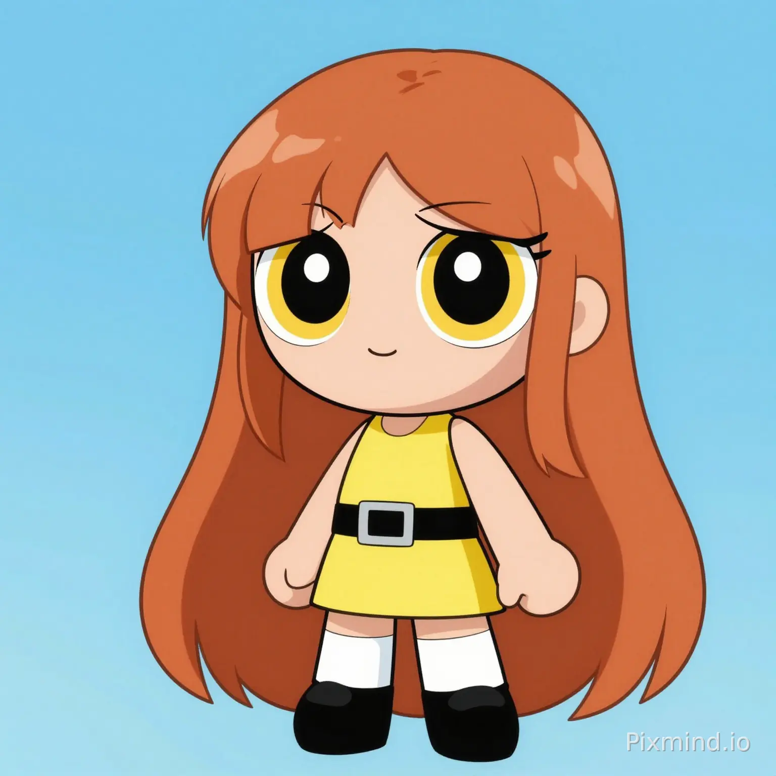generate an image of a powerpuff girl with long ginger straight hair with yellow eyes wearing a yellow outfit