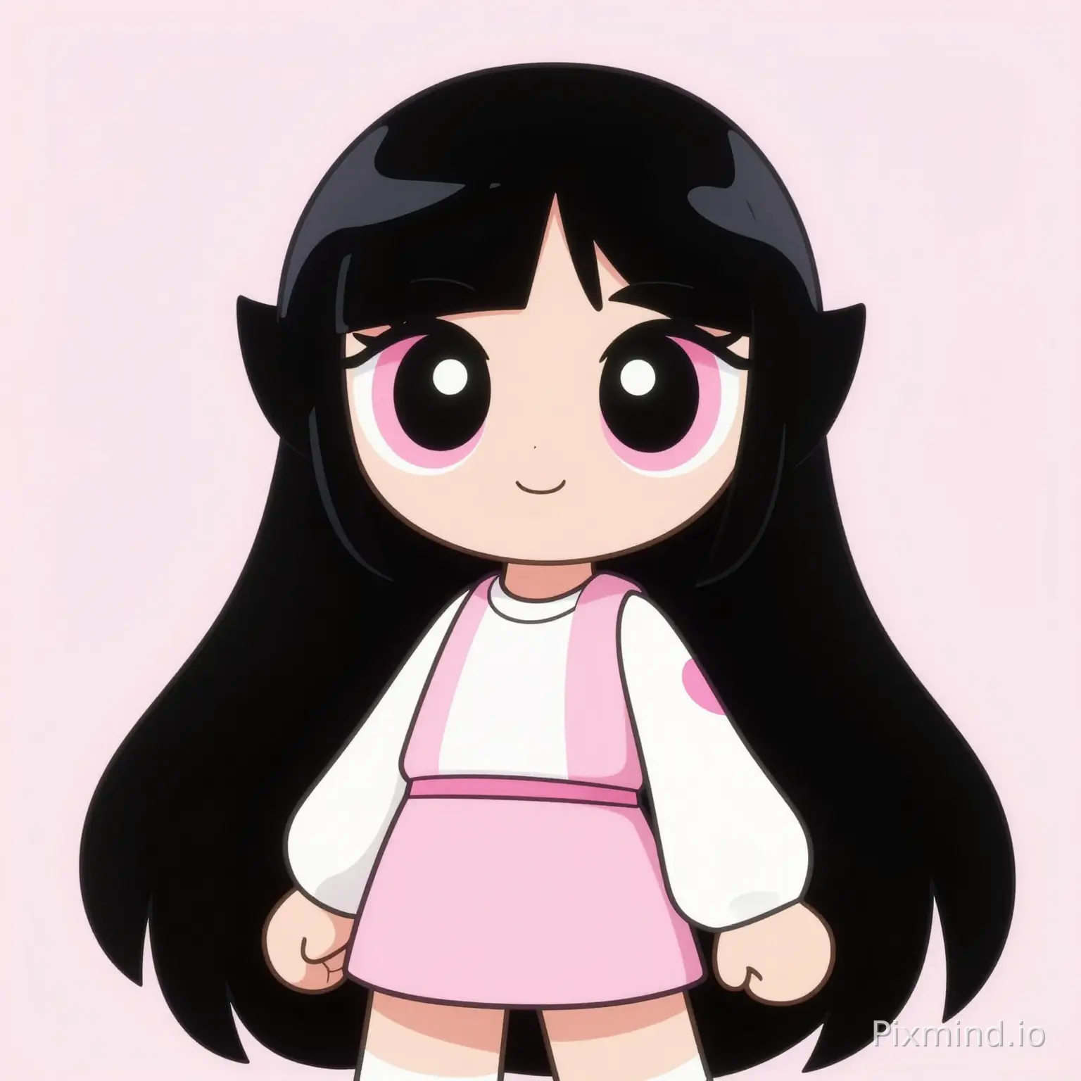 generate an image of a powerpuff girl with long black straight hair with light pink eyes wearing a light pink outfit white a light pink background