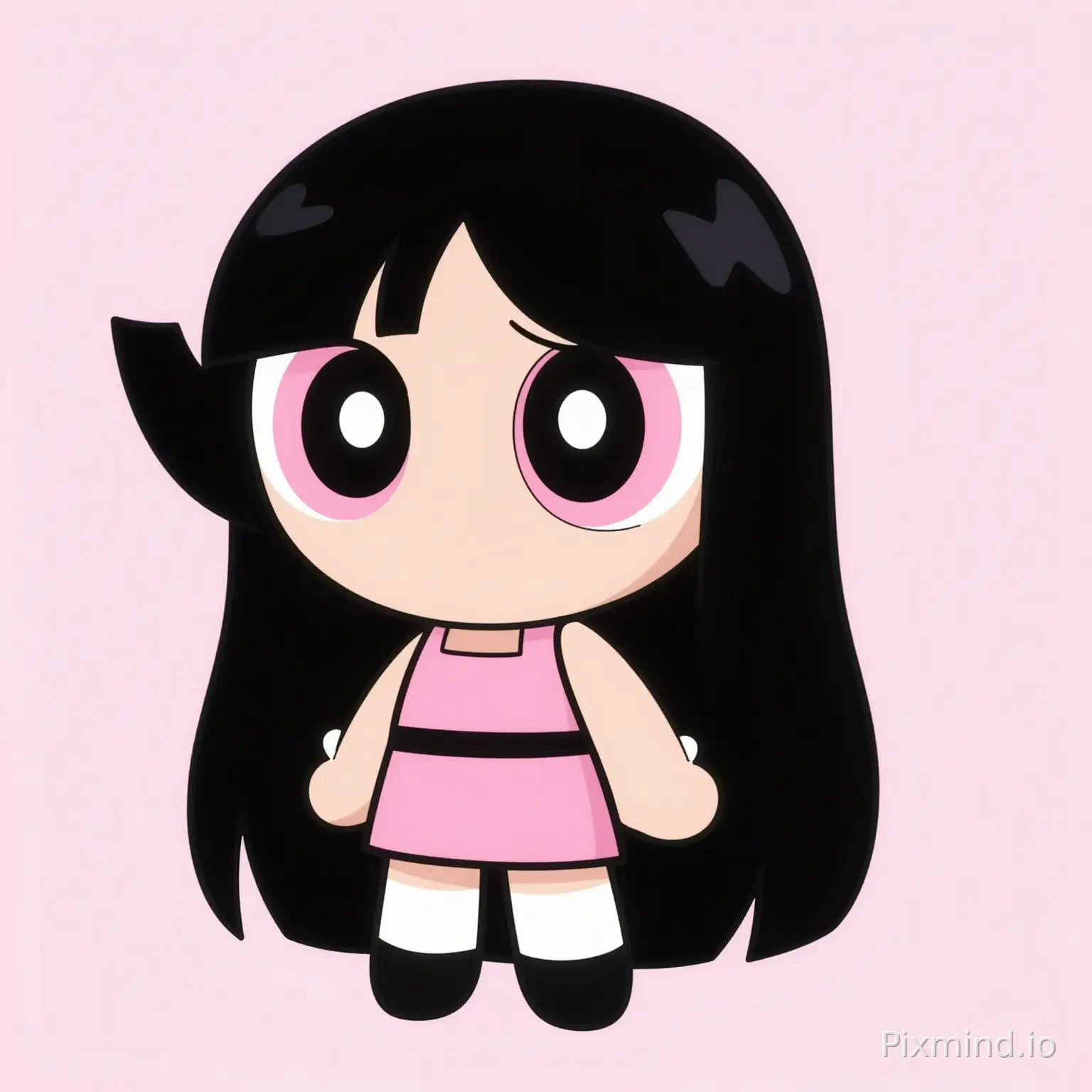 generate an image of a powerpuff girl with long black straight hair with light pink eyes wearing a light pink outfit white a light pink background