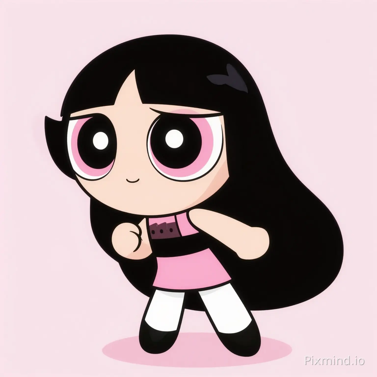 generate an image of a powerpuff girl with long black straight hair with light pink eyes wearing a light pink outfit white a light pink background