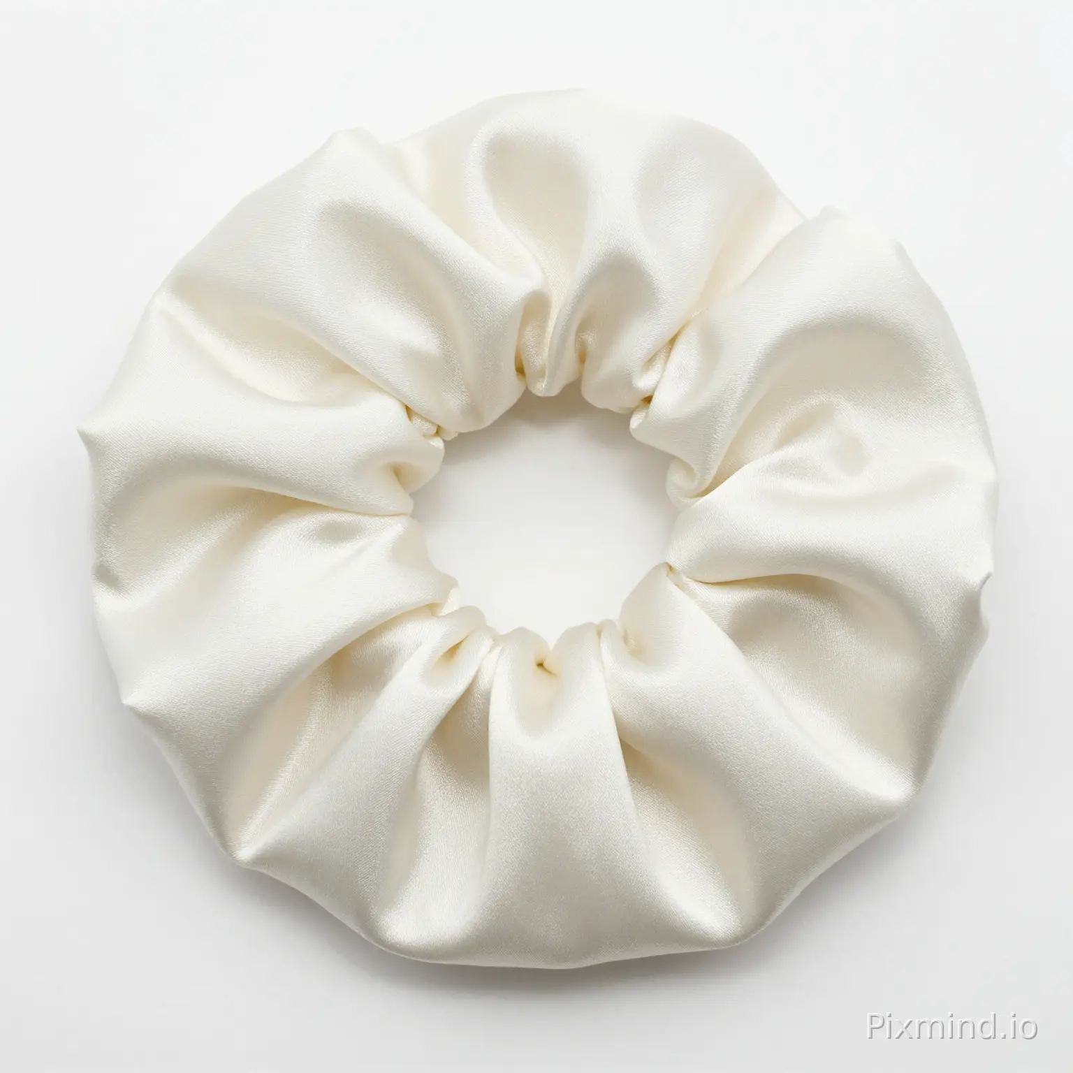 800x800px square e-commerce product photo, pure white background, a large cream-white satin scrunchie, premium shiny silk-like fabric with natural crinkles and folds, soft texture, elegant and minimalist style, soft even studio lighting, no harsh shadows, high saturation, clear details, commercial product photography, high resolution, clean aesthetic