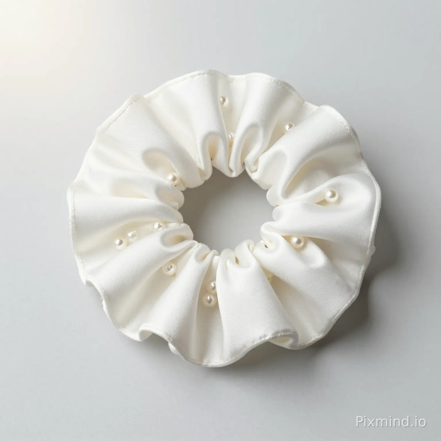 Oversized scrunchie hair tie, puffy multi-layer ruffle design,
pearl white satin fabric with subtle horizontal texture,
soft diffused natural light from upper left,
top-down slightly angled composition,
placed on clean light grey surface,
minimalist flat lay style,
soft gentle shadow,
elegant and airy aesthetic,
white background,
studio product photography,
8K, ultra detailed, professional e-commerce