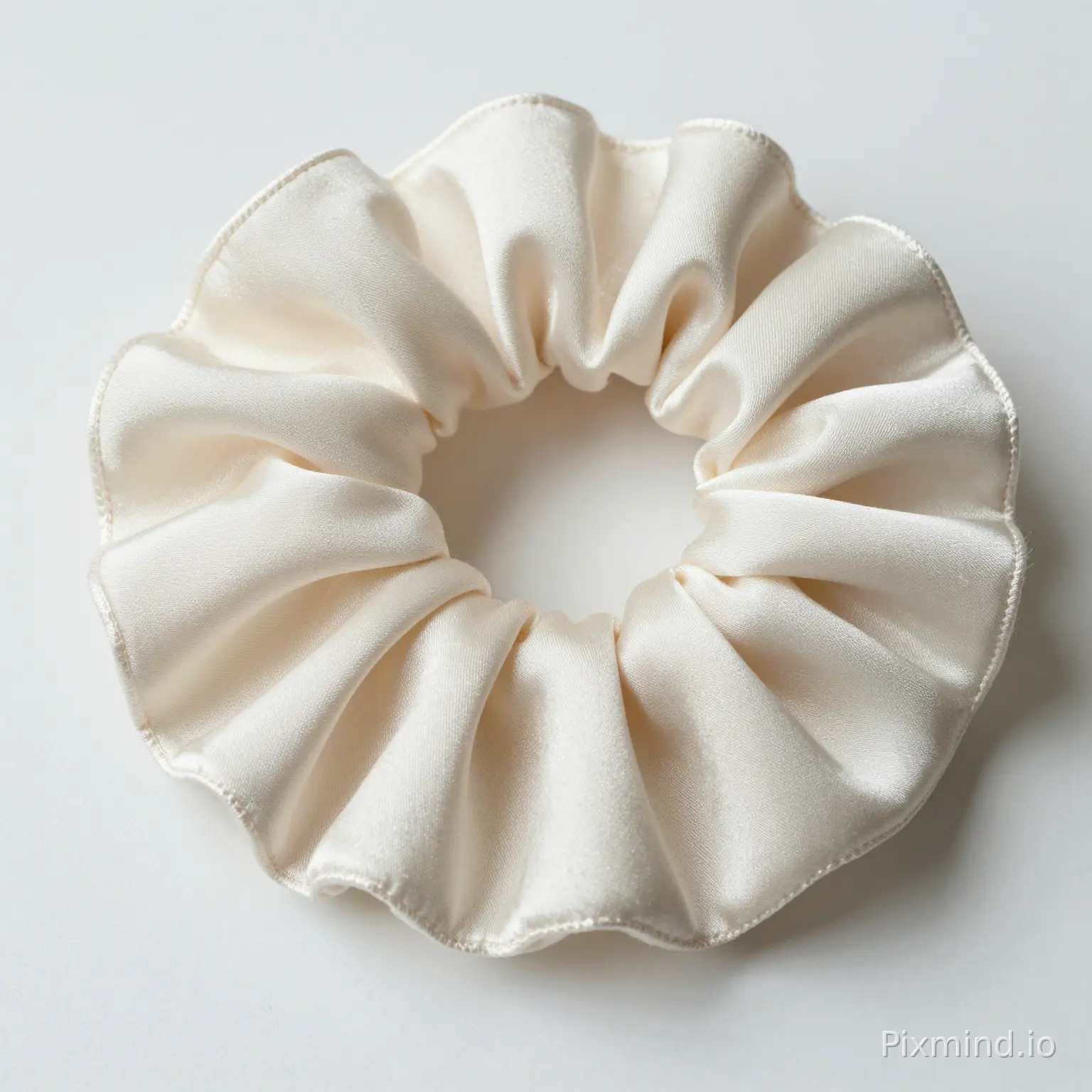 photorealistic close-up of a large cream white scrunchie, crafted from luxurious shimmering satin fabric with subtle vertical texture lines, soft natural folds and voluminous ruffled edges, delicate pearlescent sheen on the fabric surface, placed on a smooth matte white tabletop, soft diffused studio lighting, gentle shadows, minimalist composition, neutral color palette, high detail, sharp focus, 8k, ultra-realistic, product photography style