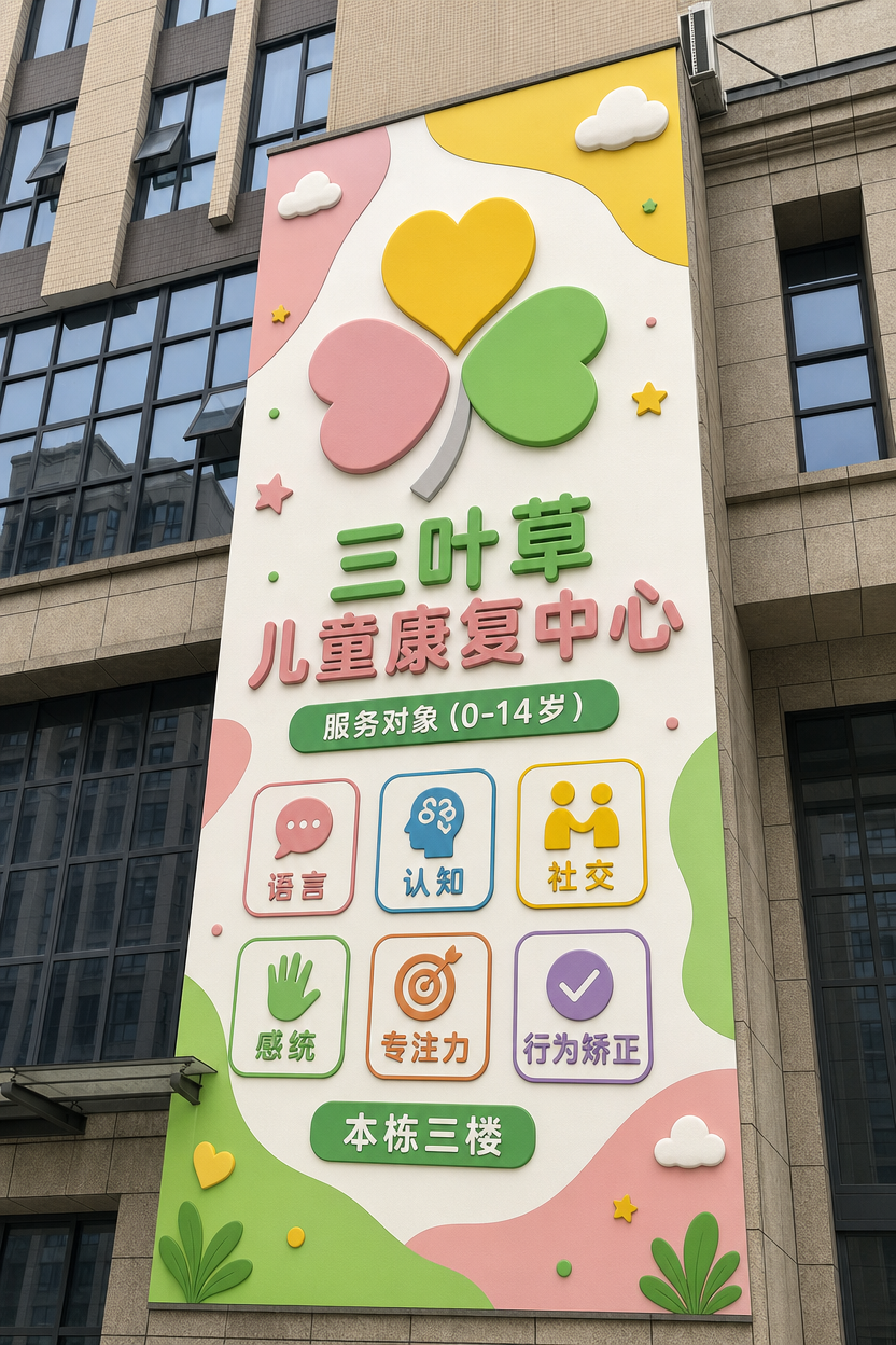把LOGO放到这个墙面。三叶草 儿童康复中心 服务对家(0-14岁)语言 认知 社交 感统 专注力 行为矫正 本栋三楼 这个是这面墙的主要内容,增加一些图形元素作为背景底色完全覆盖整个墙面,做一张立体实景效果图。整体简洁协调大方。语言 认知 社交 感统 专注力 行为 矫正 这几项内容要重点标注,图框格式一致,看者要醒目。服务对家(0-14岁)这个也要标注出来。