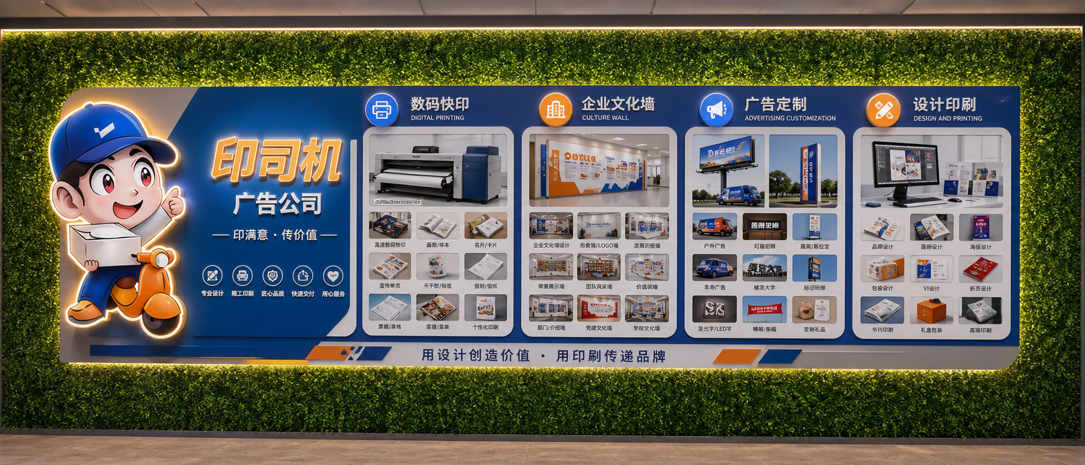 这是一面9*3M的绿植墙面,我要做一家广告公司的业务介绍文化墙。公司名称为印司机,主营业务范围数码快印,企业文化墙,广告定制,设计印刷。主题色是蓝色,橙色,灰色。上下留空50CM,中间做一整个打底,然后在打的面做文化墙。各个业务板块增加一些业务相关的图片。做成正视角效果图,每个业务需要多点图片展示。最左边放一个大型的卡通人物造型,做成3D立体效果图,增加发光工艺。