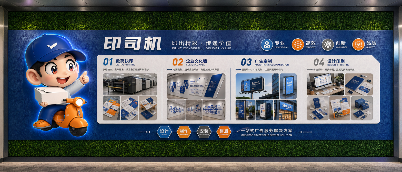 这是一面9*3M的绿植墙面,我要做一家广告公司的业务介绍文化墙。公司名称为印司机,主营业务范围数码快印,企业文化墙,广告定制,设计印刷。主题色是蓝色,橙色,灰色。上下留空50CM,中间做一整个打底,然后在打的面做文化墙。各个业务板块增加一些业务相关的图片。做成正视角效果图,每个业务需要多点图片展示。最左边放一个大型的卡通人物造型,做成3D立体效果图,增加发光工艺。
