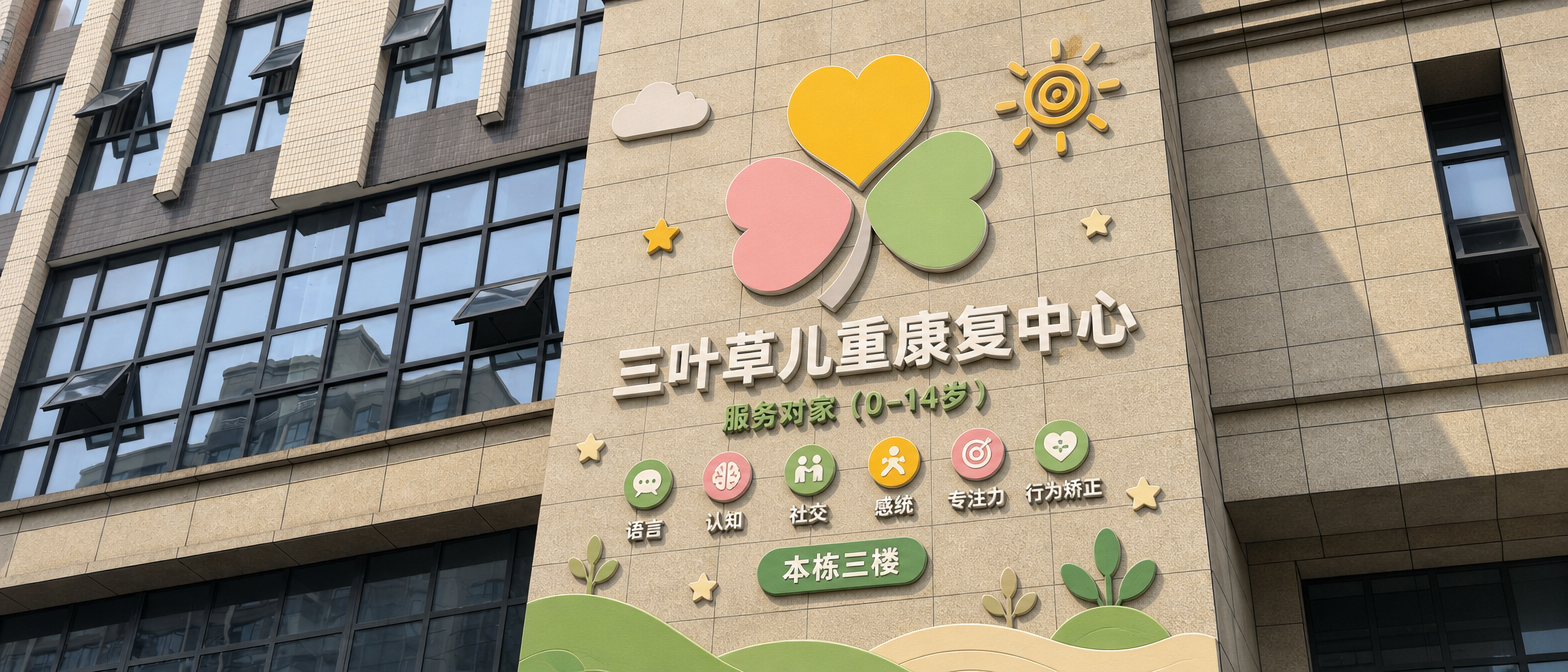 把LOGO放到这个墙面。三叶草儿重康复中心 服务对家(0-14岁)语言 认知 社交 感统 专注力 行为矫正 本栋三楼 这个是这面墙的主要内容,增加一些辅助元素作为背景覆盖整个墙面,做一张立体实景效果图。整体简洁协调大方。