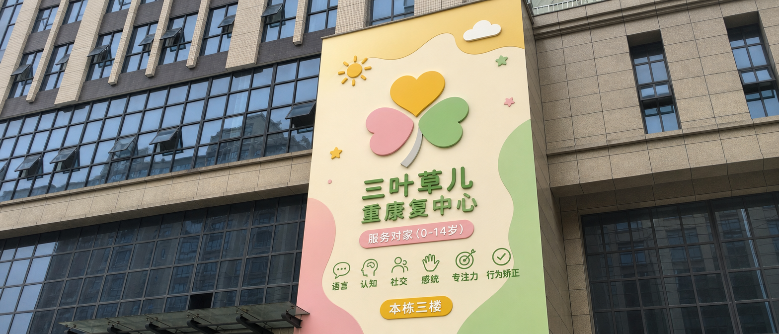 把LOGO放到这个墙面。三叶草儿重康复中心 服务对家(0-14岁)语言 认知 社交 感统 专注力 行为矫正 本栋三楼 这个是这面墙的主要内容,增加一些图形元素作为背景底色完全覆盖整个墙面,做一张立体实景效果图。整体简洁协调大方。
