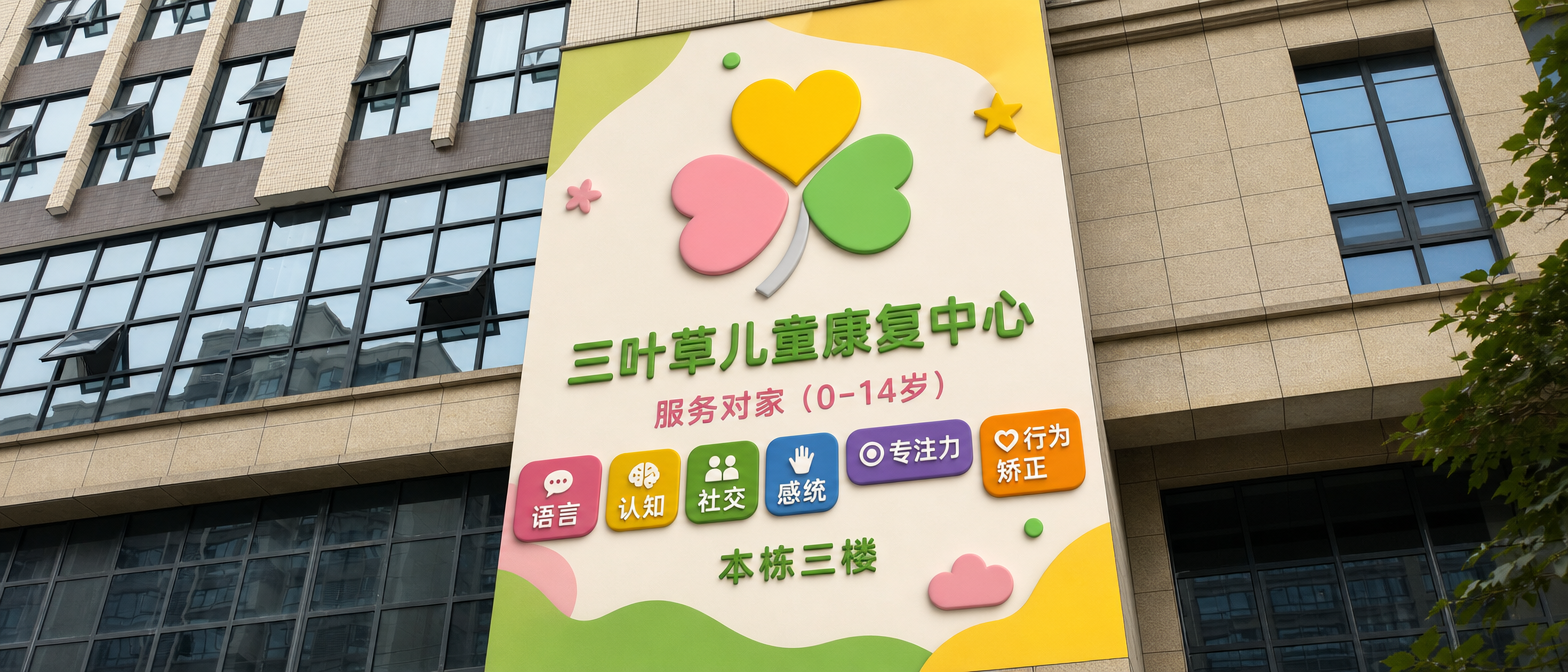 把LOGO放到这个墙面。三叶草儿童康复中心 服务对家(0-14岁)语言 认知 社交 感统 专注力 行为矫正 本栋三楼 这个是这面墙的主要内容,增加一些图形元素作为背景底色完全覆盖整个墙面,做一张立体实景效果图。整体简洁协调大方。语言 认知 社交 感统 专注力 行为 矫正 这几项内容要重点标注,看者要醒目。