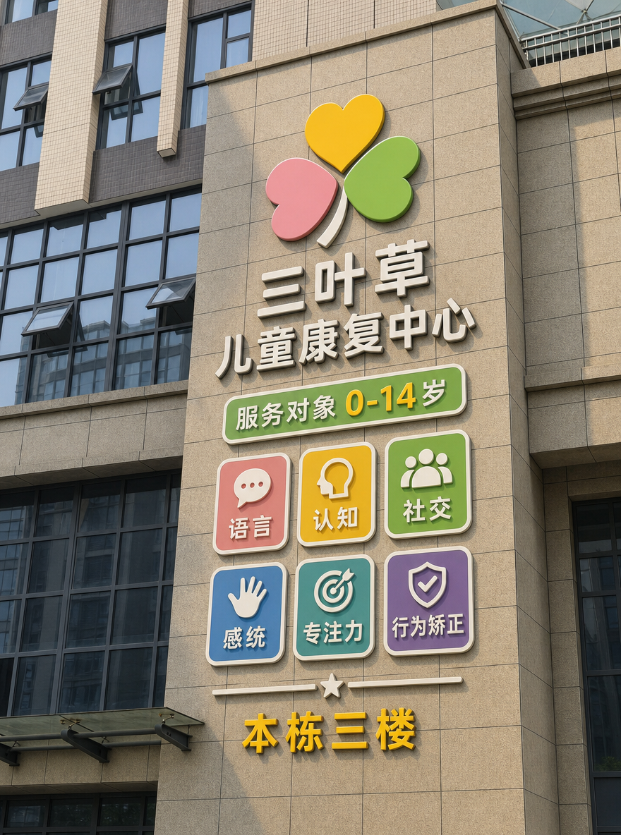 把LOGO放到这个墙面。三叶草 儿童康复中心 服务对家(0-14岁)语言 认知 社交 感统 专注力 行为矫正 本栋三楼 这个是这面墙的主要内容,做一张立体实景效果图。整体简洁协调大方。语言 认知 社交 感统 专注力 行为 矫正 这几项内容要重点标注,图框格式一致,看者要醒目。服务对家(0-14岁)这个也要标注出来。