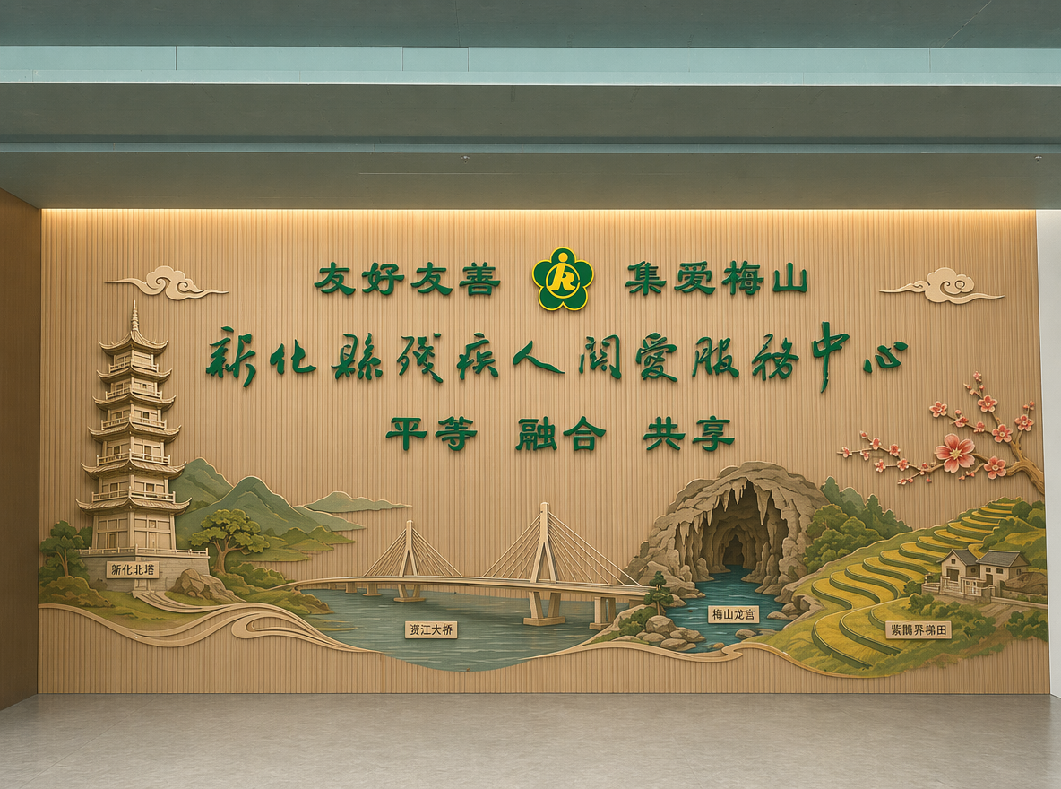 把第一张图做成3D设计效果图,清除地面垃圾。把第二张的内容放到第一张墙面上,文字要清晰。增加一些湖南新化文化元素,比如可以放一些新化北塔,资江大桥,梅山龙宫,紫鹊界梯田等,让整个形象墙更饱满。整体协调美观大方。
