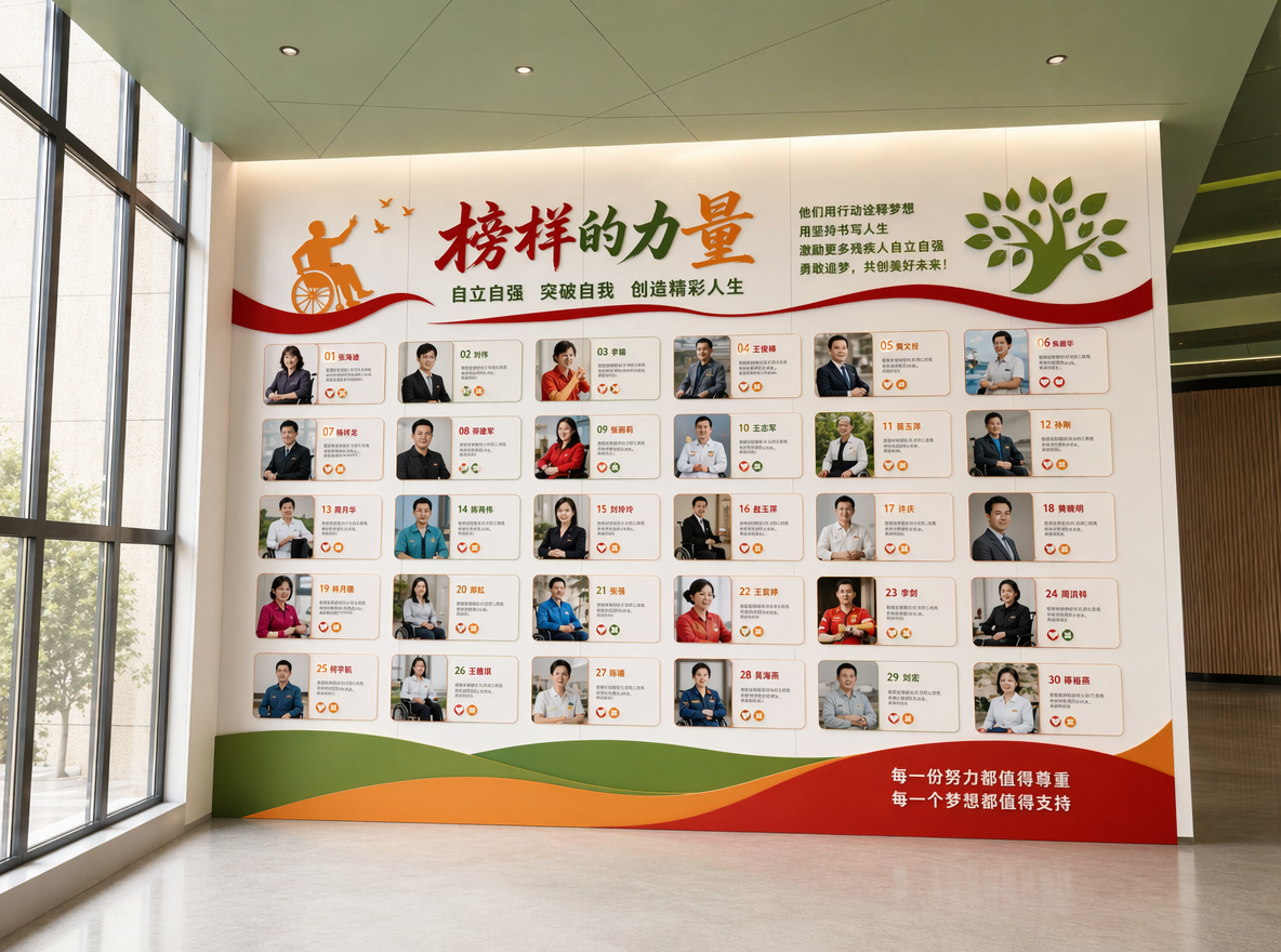把这张图做成3D设计效果图,清除地面垃圾,墙面干净整洁。这面文化墙主题是榜样的力量,绿色橙色红色为主。主要展示优秀的残疾人代表,需要展示30位残疾人代表,鼓励更多的残疾人自立自强,突破自我。