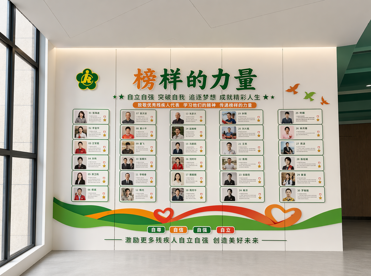 把这张图做成3D设计效果图,清除地面垃圾,墙面干净整洁。这面文化墙主题是榜样的力量,绿色橙色红色为主。主要展示优秀的残疾人代表,需要展示30位残疾人代表,鼓励更多的残疾人自立自强,突破自我。整体墙面是3.5米高,上面留白30CM,下面留白50CM。墙面目前是分为5块,每块一米宽。整体协调美观。LOGO融入文化墙。