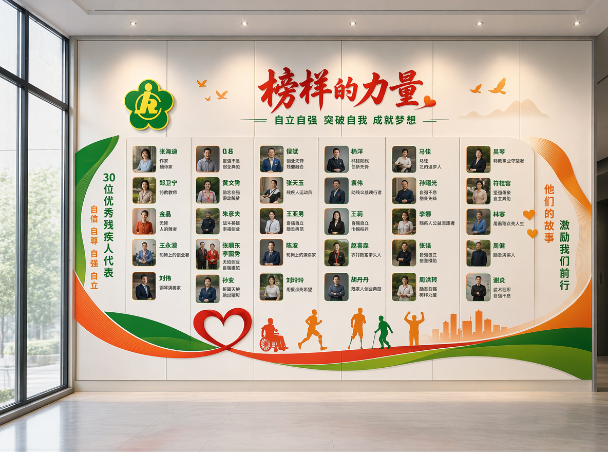 把这张图做成3D设计效果图,清除地面垃圾,墙面干净整洁。这面文化墙主题是榜样的力量,绿色橙色红色为主。主要展示优秀的残疾人代表,需要展示30位残疾人代表,鼓励更多的残疾人自立自强,突破自我。整体墙面是3.5米高,上面留白30CM,下面留白50CM。墙面目前是分为5块,每块一米宽。整体协调美观。LOGO融入文化墙。