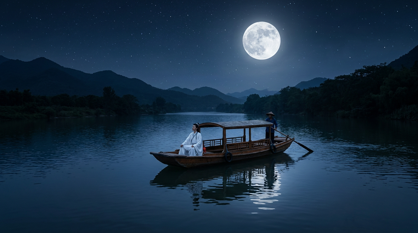 Photorealistic 16:9 night scene, calm river under a bright full moon. The original boat is replaced with the open wooden passenger boat from the daytime reference, which includes a man in white Hanfu sitting and a boatman rowing. The boat and people are naturally integrated into the night environment, bathed in soft, cool moonlight, with the boat casting subtle reflections on the water that match the moon's light. Preserve the original night sky, moon, river texture, and background silhouettes. No double exposure, no mismatched lighting, cinematic night photography, hyperrealistic details.