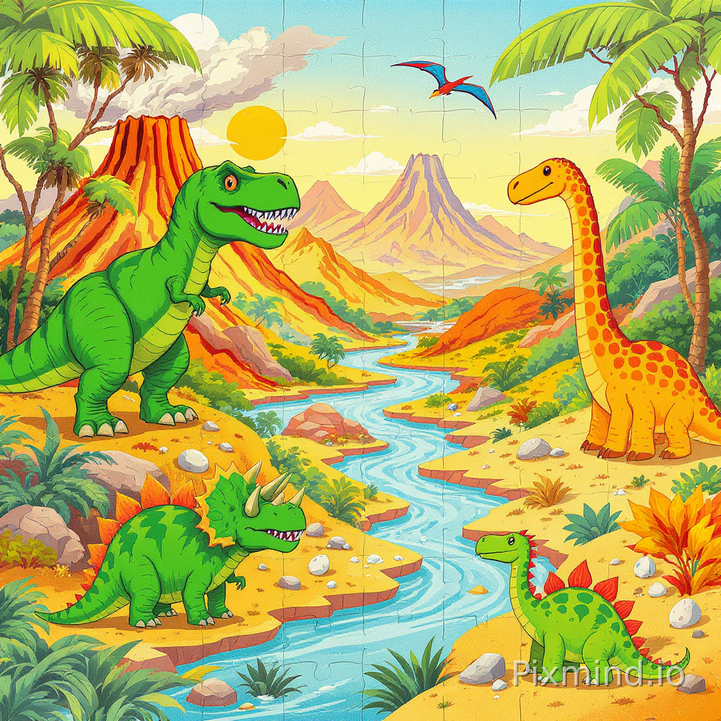 A colorful and child-friendly illustration designed for a premium children’s floor puzzle composition, featuring an educational dinosaur discovery world in a warm Western storybook illustration style, medium-distance composition with large easy-to-recognize dinosaurs and simple layered backgrounds designed especially for children ages 4–7; the scene is divided into several clear prehistoric habitat zones including volcano valley, jungle forest, river area, and rocky desert, each area containing a few different dinosaur species for educational exploration; friendly Tyrannosaurus rex, Triceratops, Stegosaurus, Brachiosaurus, and Pteranodon appear naturally throughout the scene with clean silhouettes and bright colors; simple palm trees, dinosaur eggs, fossils, rocks, and flowing rivers create playful visual variety without clutter; soft lighting, cheerful atmosphere, highly readable composition, moderate puzzle difficulty, minimal background complexity, clean visual separation, detailed but not crowded, premium educational floor puzzle illustration
