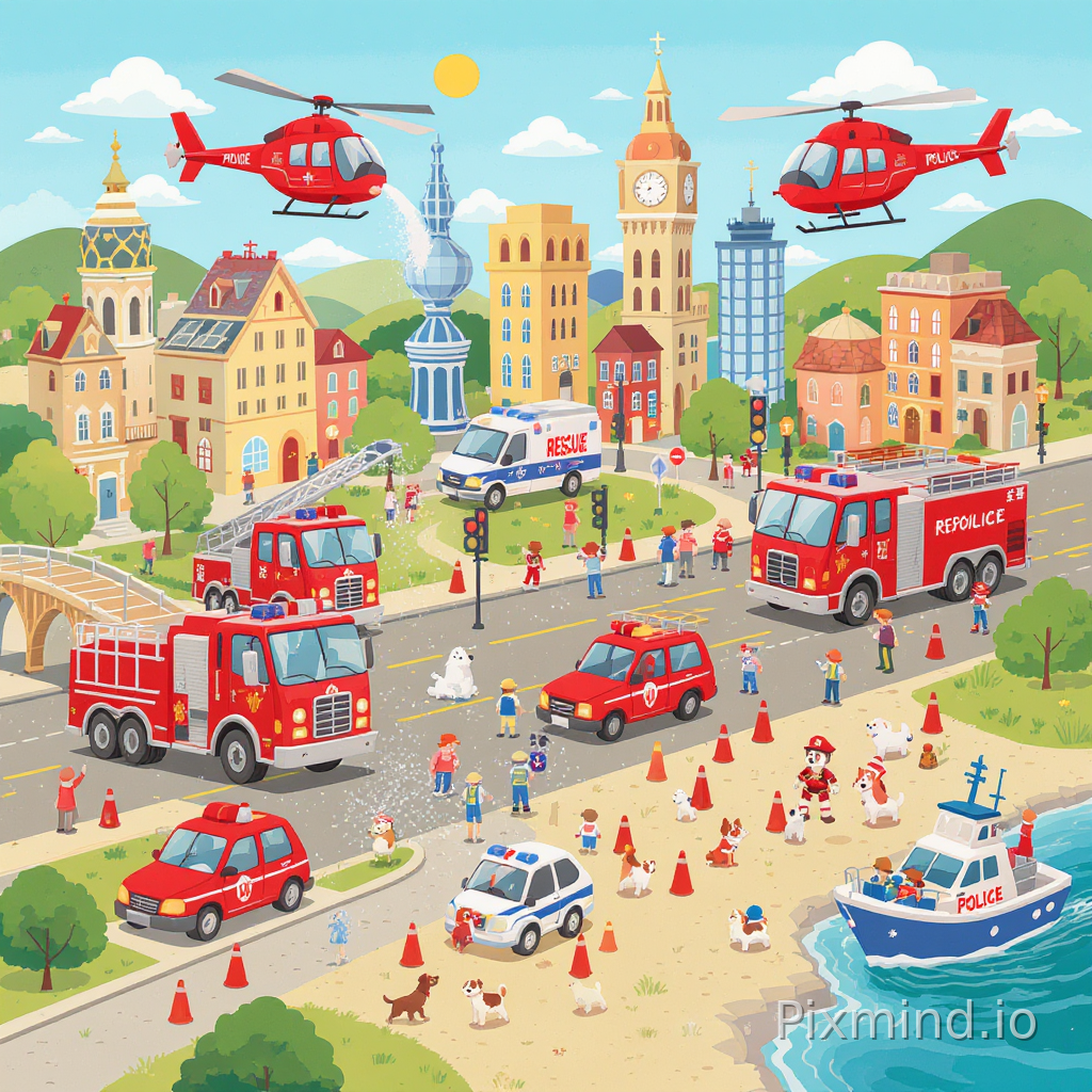A bright and engaging illustration designed for a premium children’s floor puzzle composition, featuring a busy rescue team city in a colorful Western storybook illustration style, medium-distance composition with large rescue vehicles and simplified city environments designed especially for children ages 4–7; the scene includes fire trucks, police cars, ambulances, rescue helicopters, and rescue boats helping naturally in different city activity zones; firefight cars spraying water, ambulances helping safely, and helicopters flying above create educational rescue storytelling without dangerous scenes; simple roads, buildings, bridges, traffic lights, rescue dogs, and emergency equipment add playful details while keeping the composition clean and readable; cheerful daytime lighting, minimal visual clutter, moderate puzzle difficulty, limited background layers, no human, premium educational children’s floor puzzle illustration
