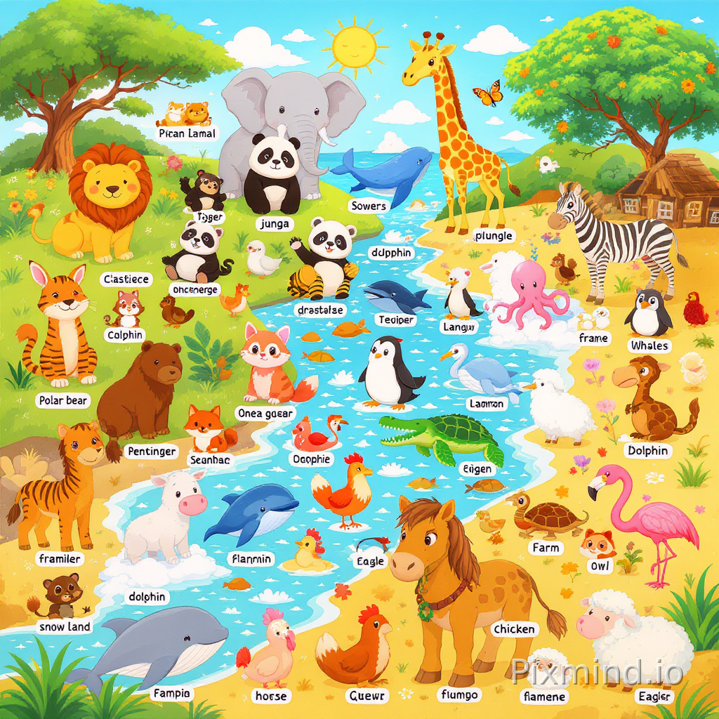 A colorful and educational animal world illustration designed for a premium children’s floor puzzle, warm Western storybook cartoon style specially designed for children ages 4–7; the scene features a large collection of friendly animals from different habitats clearly separated into easy-to-understand zones including jungle, safari grassland, ocean coast, Arctic snow land, forest, farm, and desert; animals include lion, elephant, giraffe, zebra, tiger, panda, monkey, bear, fox, rabbit, deer, penguin, polar bear, dolphin, whale, sea turtle, octopus, crocodile, camel, horse, cow, sheep, chicken, owl, eagle, flamingo, and more; each animal is drawn in a cute child-friendly educational cartoon style with large recognizable shapes, soft textures, expressive faces, and scientifically inspired colors while remaining playful and non-realistic; beneath each animal is a clean readable English label in a fun educational font showing the animal name; bright cheerful atmosphere with simple background details, colorful trees, grass, flowers, rocks, clouds, rivers, and gentle environmental elements without overcrowding the scene; close-up composition, minimal complex layers, balanced spacing for easy puzzle recognition, highly readable illustration, educational and fun, vibrant colors, premium children’s puzzle artwork, no realistic rendering, no humans, no complicated perspective