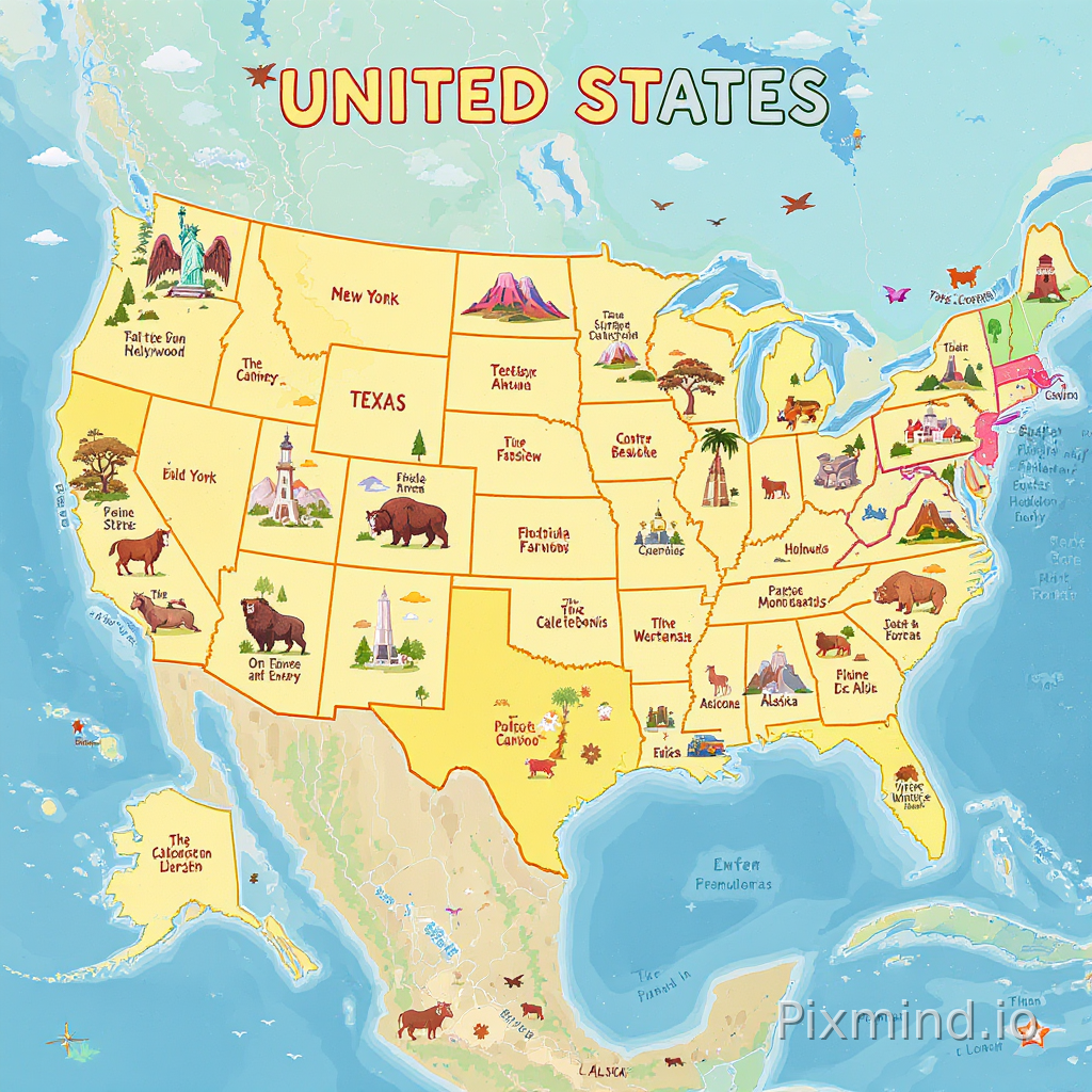 A bright and educational United States map illustration designed for a premium children’s floor puzzle, colorful Western storybook cartoon style specially designed for children ages 4–7; the map of the United States is simplified, clean, and easy for children to recognize, with all 50 states clearly separated using soft colorful borders; each major region features iconic educational elements and famous animals or landmarks placed naturally across the map, including Statue of Liberty in New York, Hollywood sign in California, Grand Canyon in Arizona, Yellowstone wildlife, Texas cowboy theme, Florida beaches and alligators, Alaska mountains and bears, Hawaiian volcanoes and tropical scenery, Washington D.C. monuments, Midwest farms, and Pacific Northwest forests; cute child-friendly illustrations of bald eagles, bison, bears, dolphins, horses, and other American wildlife spread throughout different regions; each state or major landmark labeled in clean readable English educational font; bright cheerful atmosphere with simple clouds, rivers, mountains, forests, deserts, and ocean elements without overcrowding the composition; close-up map layout with minimal complex layers, balanced spacing for easy puzzle recognition, vibrant colors, highly readable shapes, educational and fun, premium children’s puzzle artwork, non-realistic cartoon style, no humans, no complicated perspective