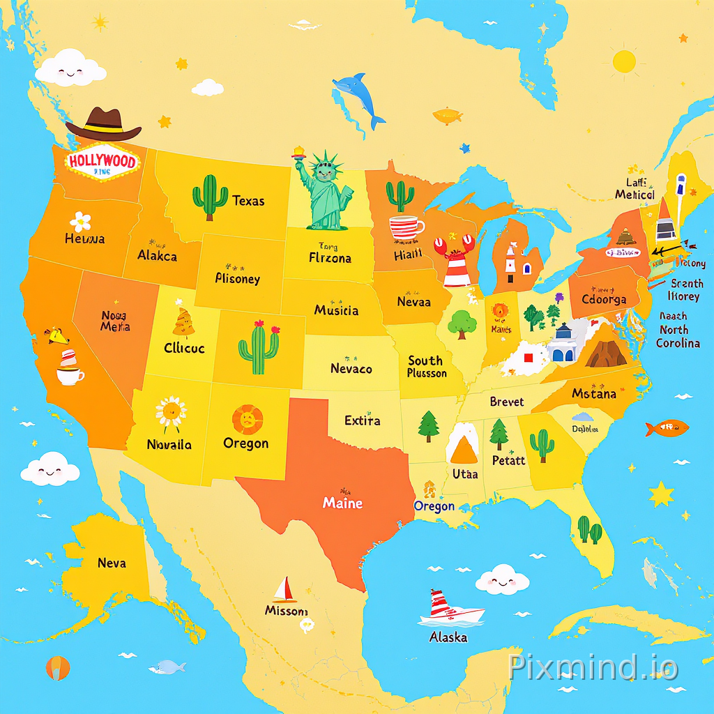 A bright colorful and highly simplified children’s floor puzzle illustration featuring a complete map of the United States in a cute cartoon storybook style specially designed for children ages 4–7; flat child-friendly illustration style with soft rounded shapes, clean outlines, cheerful expressions, and playful educational design, absolutely no realistic rendering; close-up map composition with clear large state shapes and bright easy-to-distinguish colors; every state clearly labeled with large friendly English text using fun rounded typography; each state contains one or two simplified iconic cartoon elements representing local culture, landmarks, animals, food, or nature in a very cute and readable way; California with smiling Hollywood sign and giant redwood tree, Texas with cute cowboy hat and longhorn cow, Florida with happy orange and cartoon alligator, Alaska with smiling polar bear and snowy mountain, Hawaii with friendly volcano and surfboard, New York with simplified Statue of Liberty and yellow taxi, Arizona with cactus and Grand Canyon, Nevada with colorful Las Vegas sign, Louisiana with jazz trumpet and alligator, Washington with coffee cup and pine trees, Maine with lobster and lighthouse, Colorado with snow mountain and skis, Illinois with cartoon skyline and pizza slice, Michigan with car and lake boat, Tennessee with guitar and music notes, Kentucky with race horse, Georgia with peach, Wisconsin with cheese wedge, Idaho with potato, Montana with bison, South Dakota with Mount Rushmore, New Mexico with hot air balloon and desert rock, Kansas with sunflower and windmill, Nebraska with cornfield, North Carolina with airplane and lighthouse, Pennsylvania with Liberty Bell, Massachusetts with sailing ship, Missouri with Gateway Arch, Utah with red rock canyon, Oregon with waterfall and pine forest, and all remaining states with one or two simple recognizable cartoon symbols; surrounding ocean areas include smiling whales, dolphins, sailboats, fish, compass decorations, and curved travel lines; small clouds, stars, birds, and sunshine lightly decorate empty spaces while keeping the overall layout clean and easy to understand; minimal background layers, no visual clutter, moderate detail level, highly readable educational composition, warm daylight atmosphere, premium children’s floor puzzle design, cute cartoon proportions, simple perspective, large separated elements, easy puzzle readability.